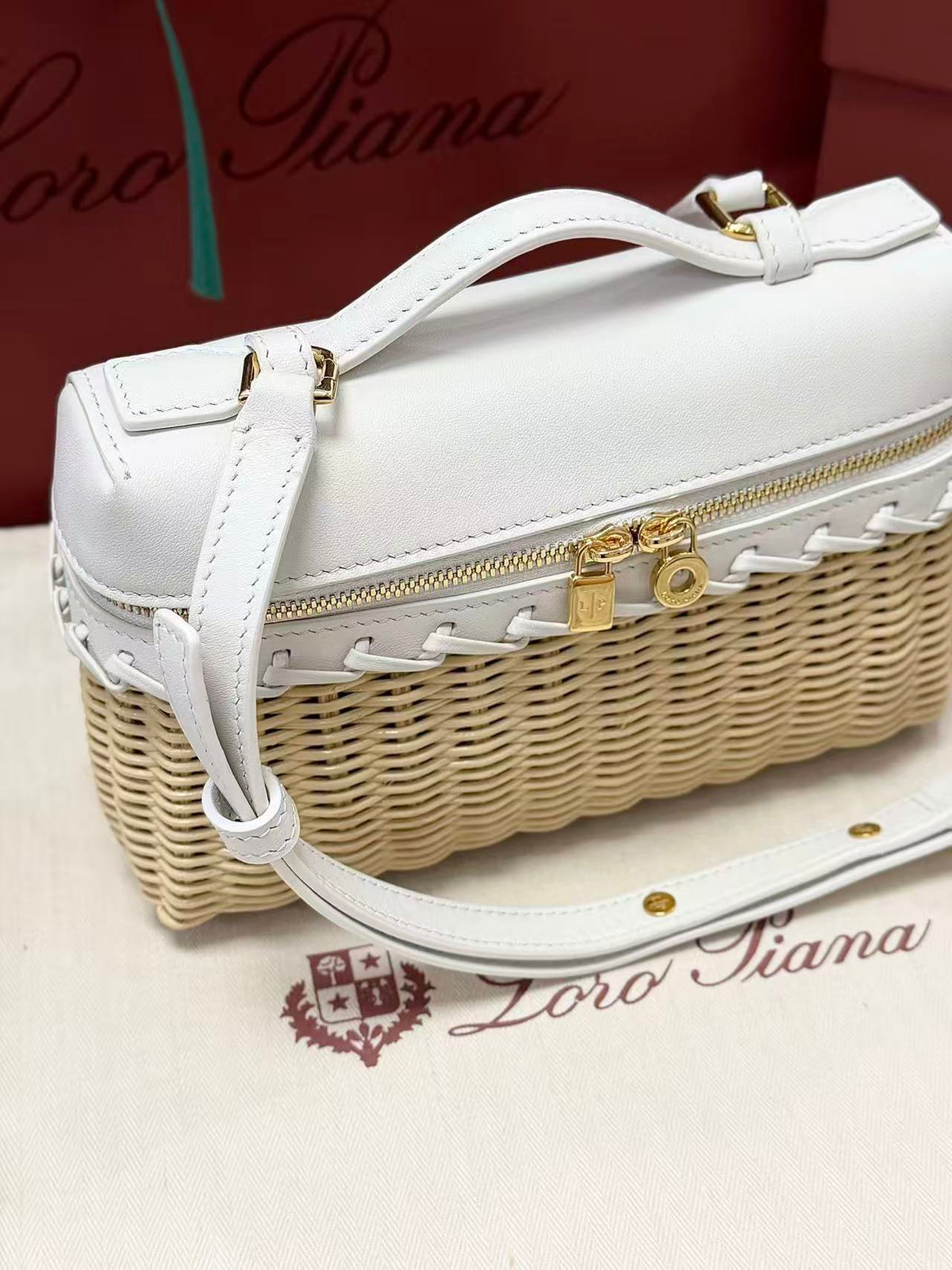 Loro Piana 2026 Extra Pocket L19 East-West Wicker Bag Canvas Calfskin