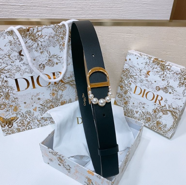 Dior Montaigne Belt Black Smooth Calfskin and White Resin Pearls
