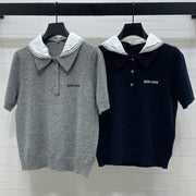 Miumiu 2026 Pan Collar Knit Short-Sleeve T-Shirt Gray and Navy Blue Wool