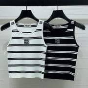 Miumiu 2026 Crew Neck Striped Knit Vest Black and White Wool 352631