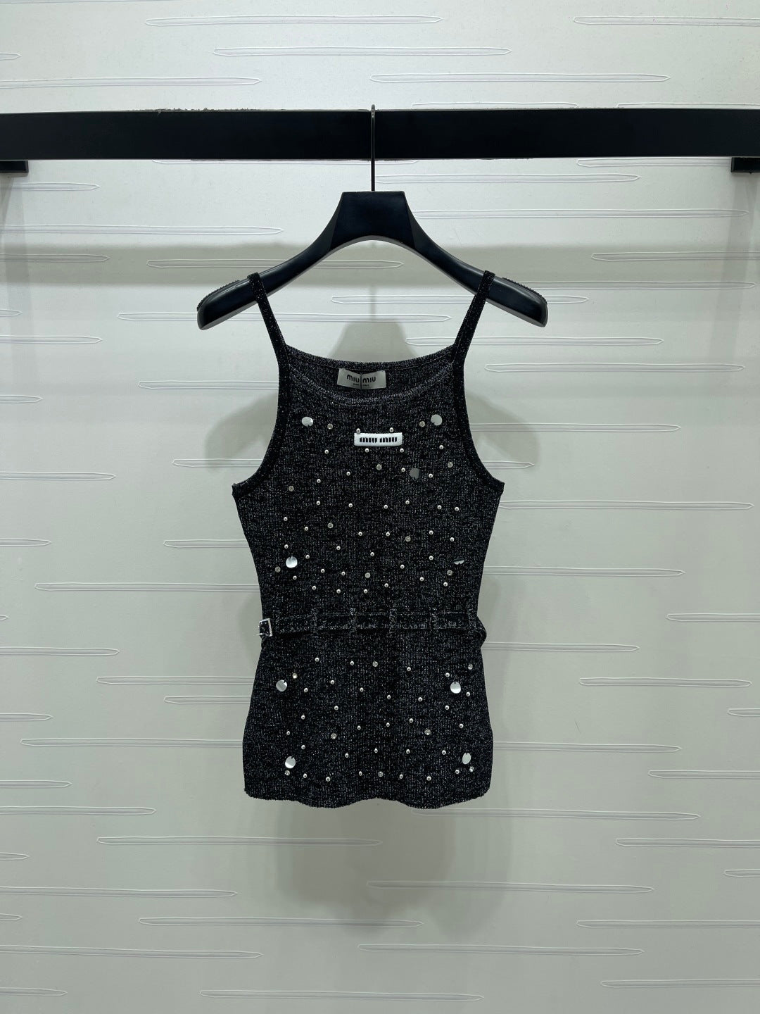 Miumiu 2026 Knit Top With Crystal Details And Belted Waist Wool