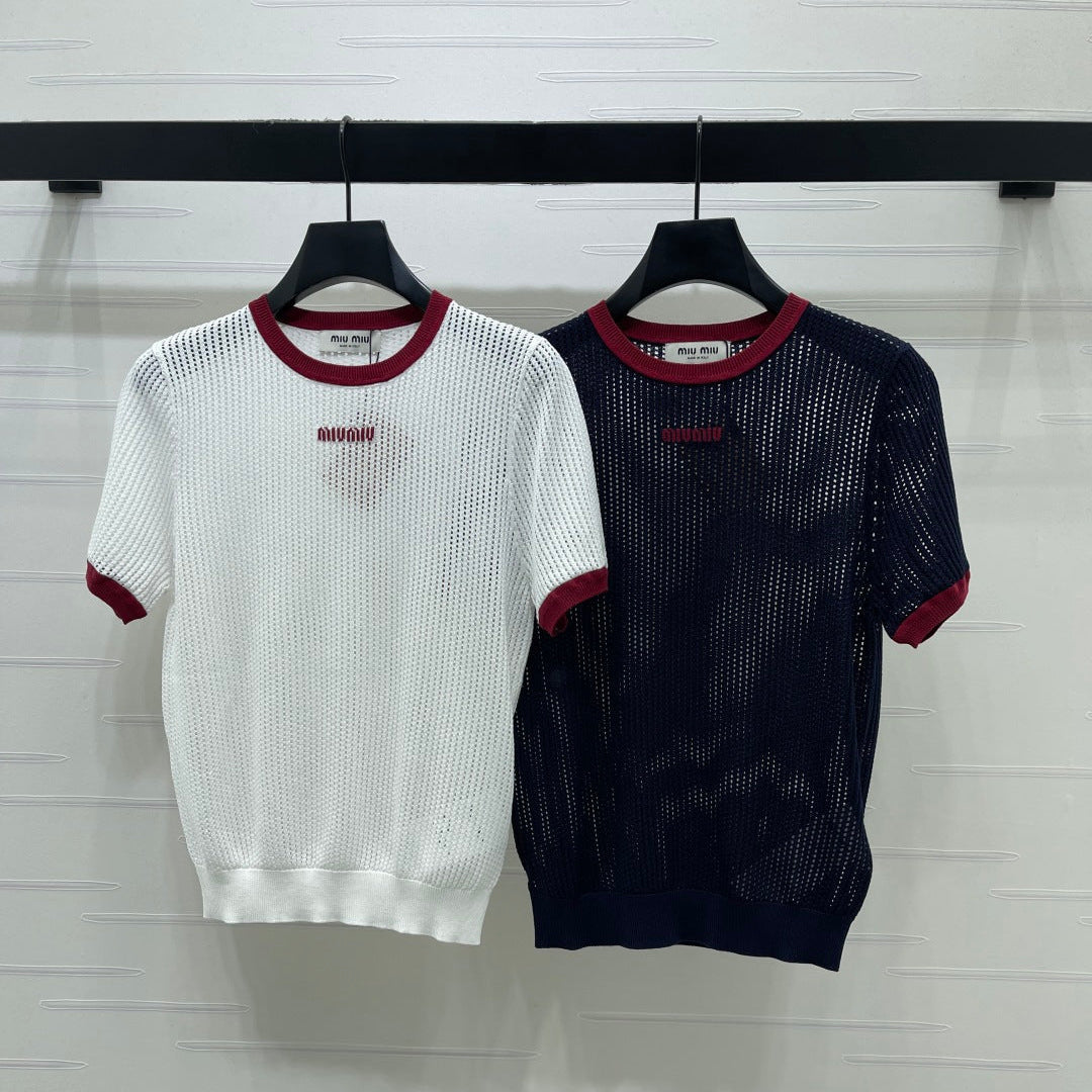Miumiu 2026 Crochet-knit Crew-neck T-shirt White and Navy Blue Tencel