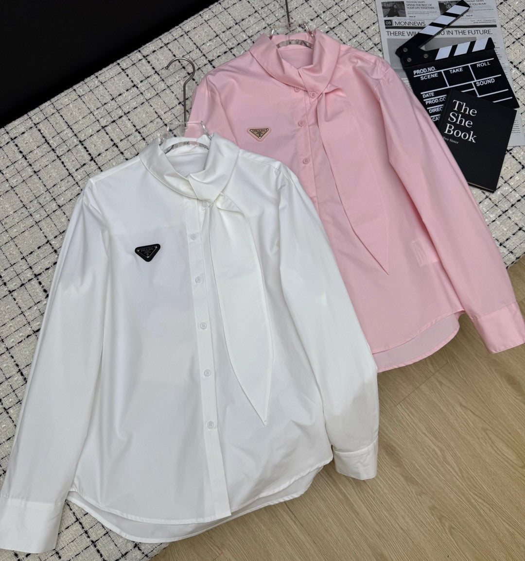 Prada 2026 Triangle Logo Tie-up Top White and Pink Cotton 132431
