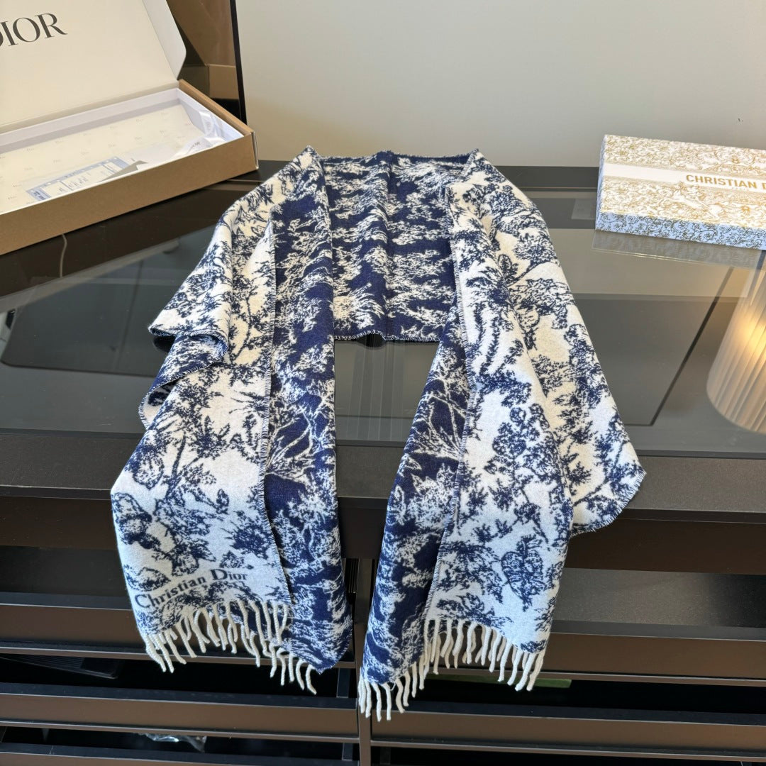 CD Embroidery Scarf 200CM Blue Wool Cashmere 293450