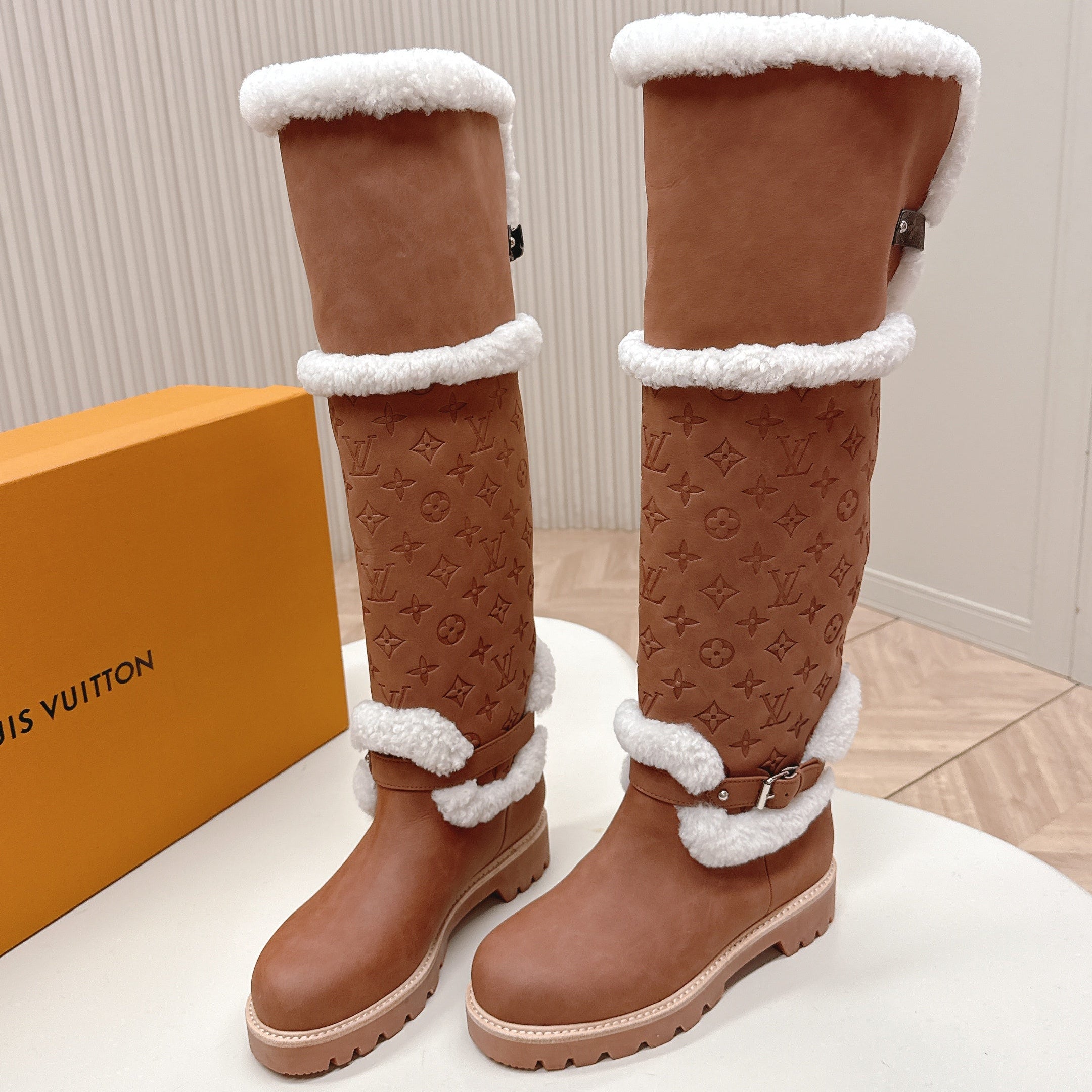 LV 2026 Territory Flat Thigh Boot Brown White Nubuck Calf Leather 595432