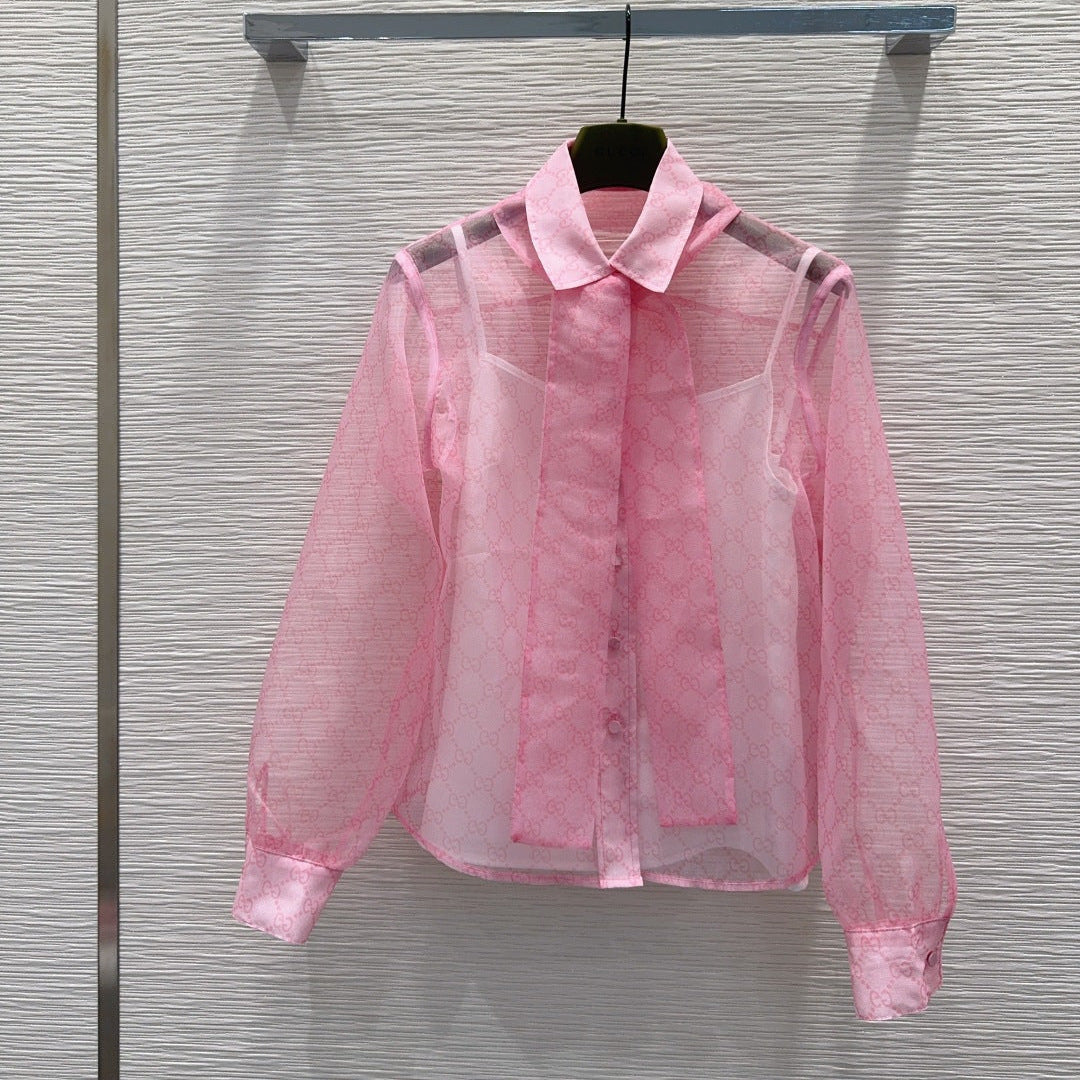 Gucci 2026 GG Tie-neck Printed Chiffon Shirt Pink Polyester 131877