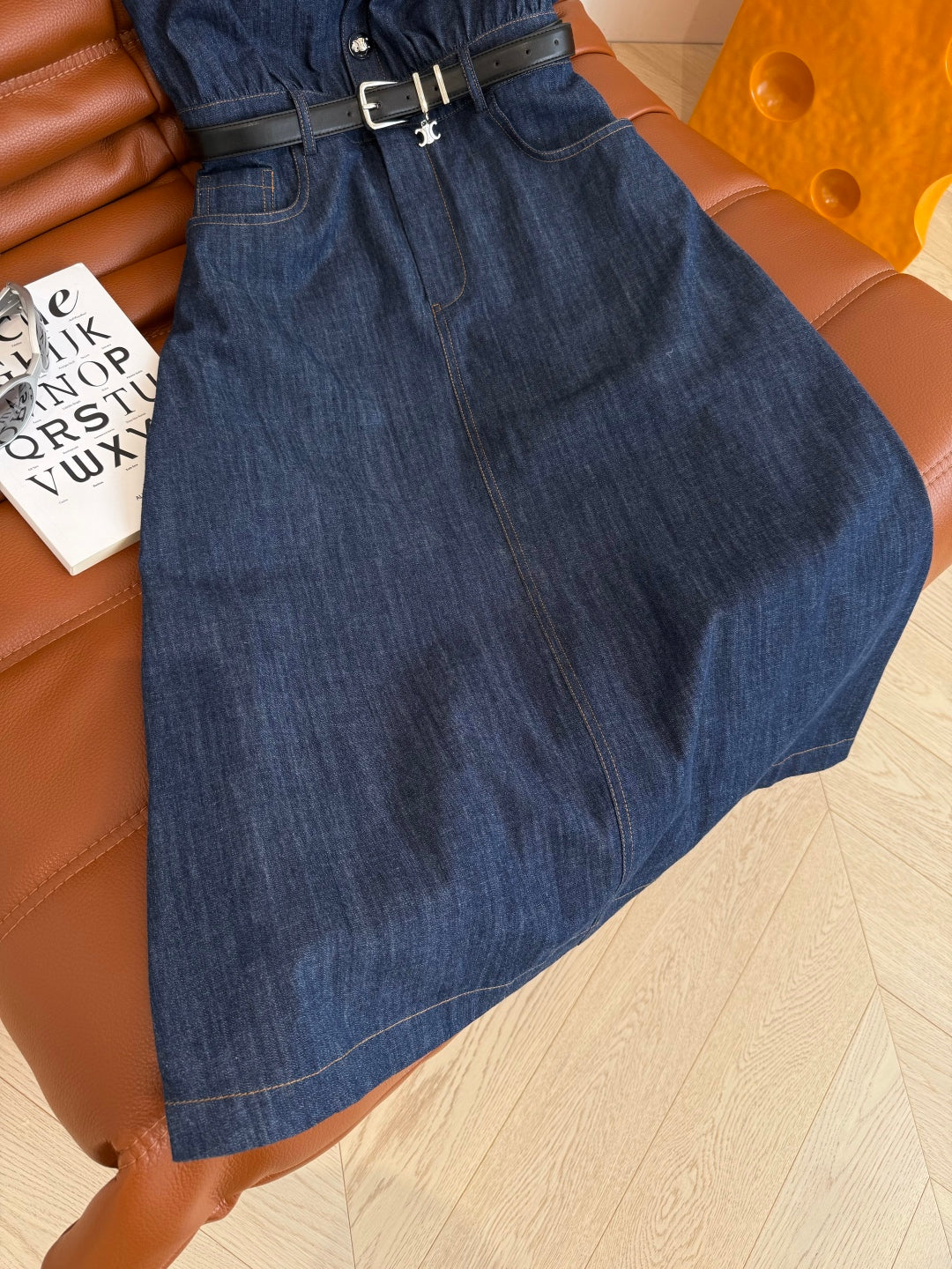 Celine 25 Arc de Triomphe Logo Embroidered Denim Dress Blue Cotton