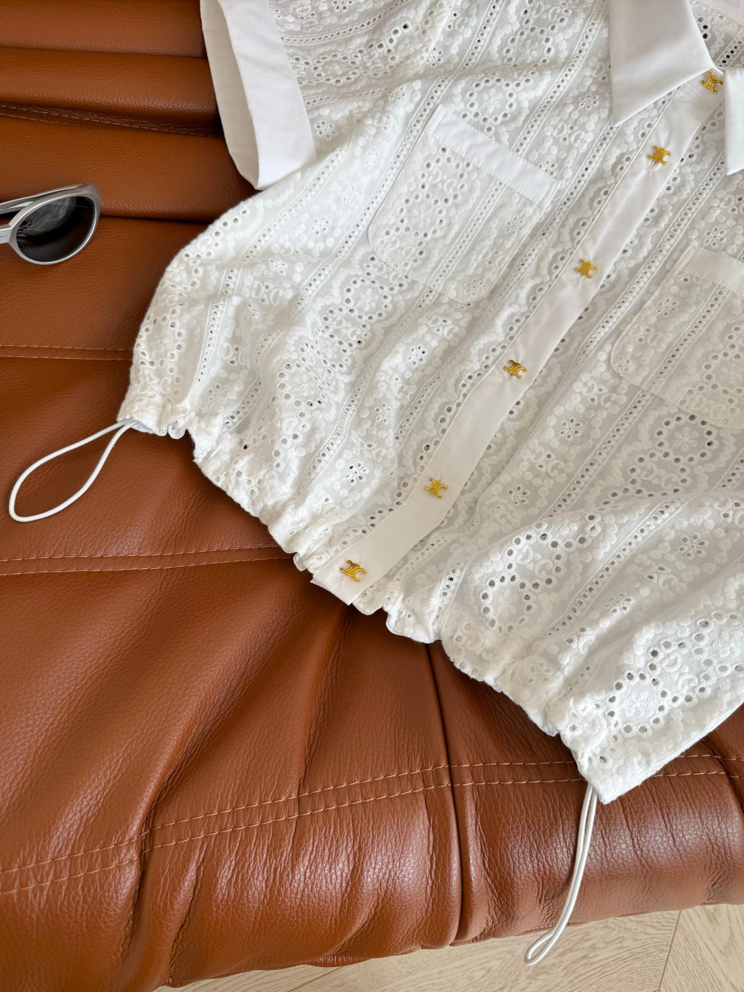 Celine 25 Hollow Wide Shoulder with Gold Metal Button White Cotton