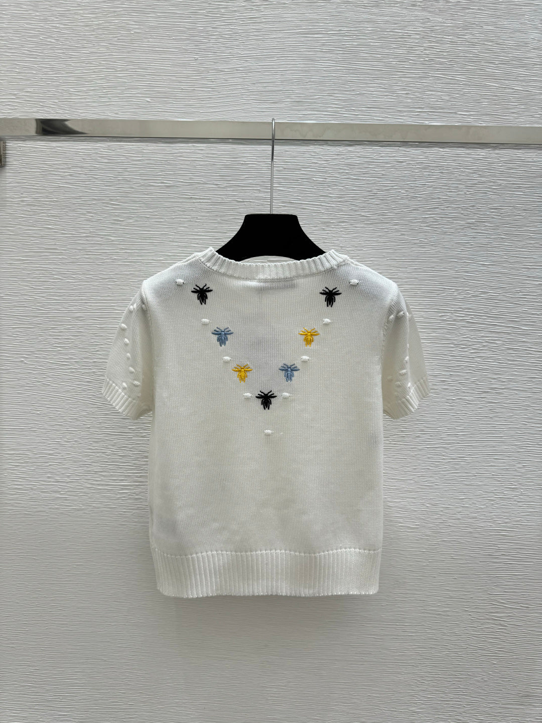 Dior 2026 Bee Round Neck Knitted Short Sleeve T-shirt Blue and White Wool