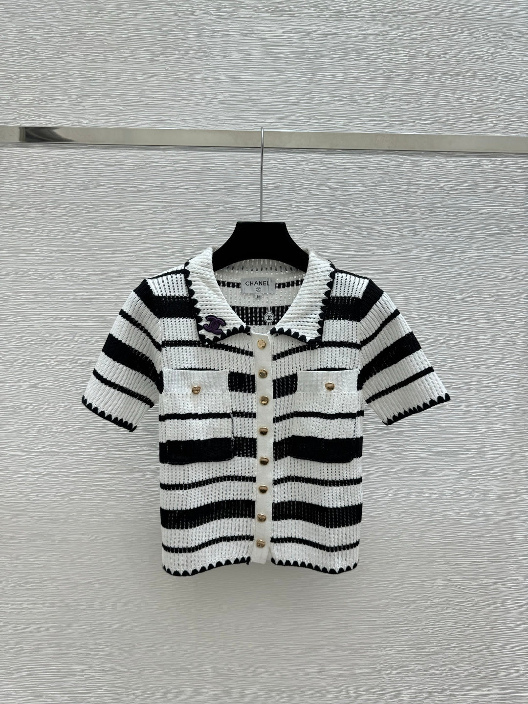 Chanel 2026 Striped Collared Knitted Short-Sleeve Cardigan 170591