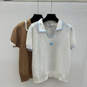Chanel 2026 Collared Knit Short-sleeved Top Brown White Wool Cashmere 327316
