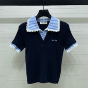 Miumiu 2026 Ribbed Knit Top With Striped Collar Blue Wool 352525