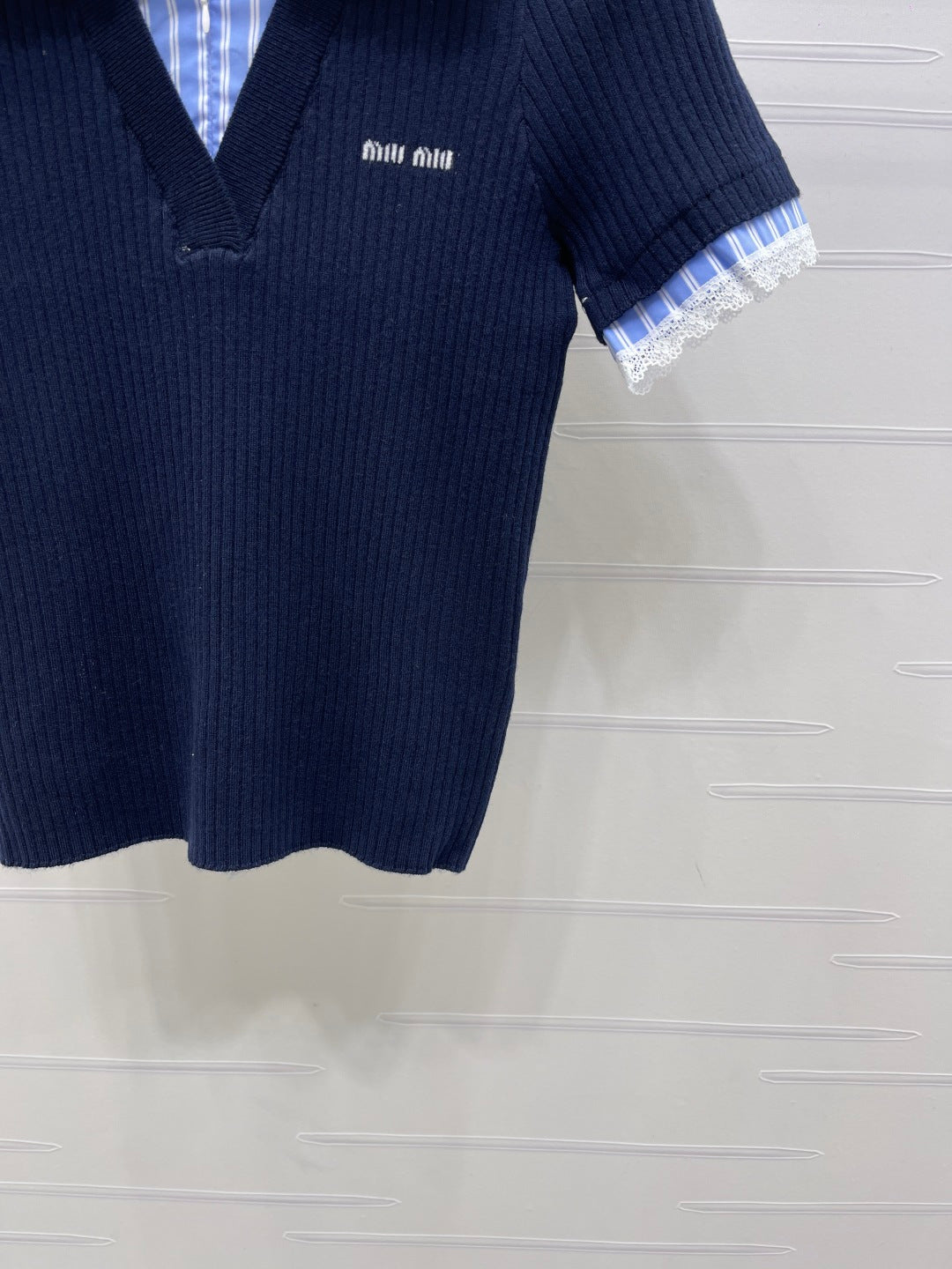 Miumiu 2026 Ribbed Knit Top With Striped Collar Blue Wool 352525