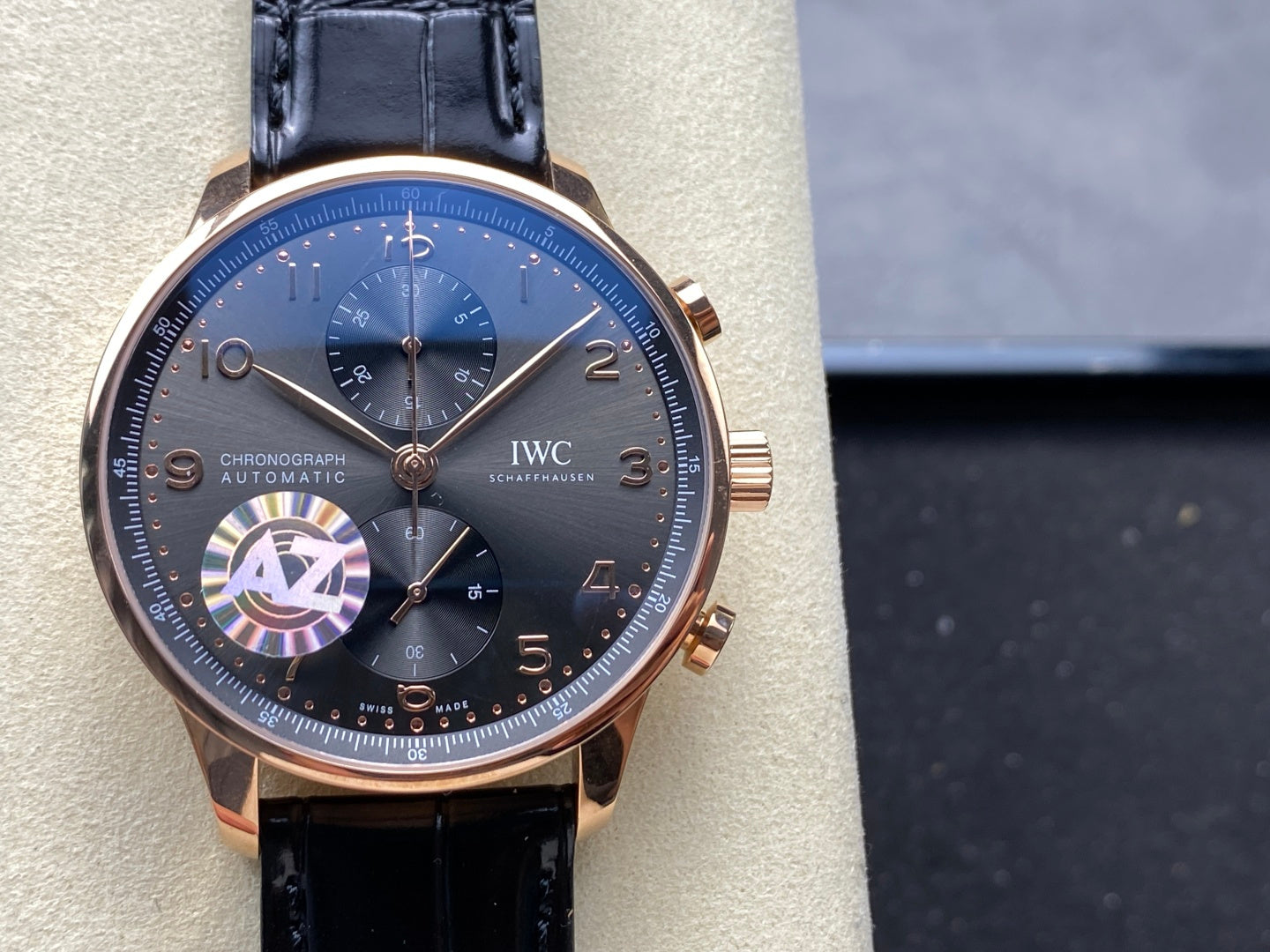 IWC Portuguese 41mm Dark Gray Dial Pink Gold Case Leather Strap