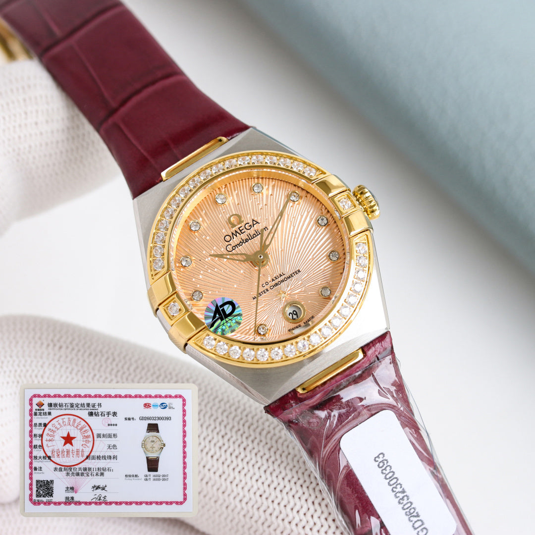 Omega Constellation 29mm Diamond Bezel Diamond Numerals Leather