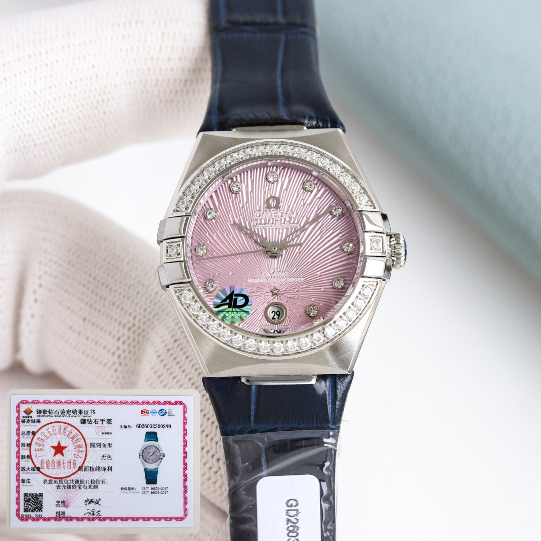 Omega Constellation 29mm Diamond Bezel Diamond Numerals Leather