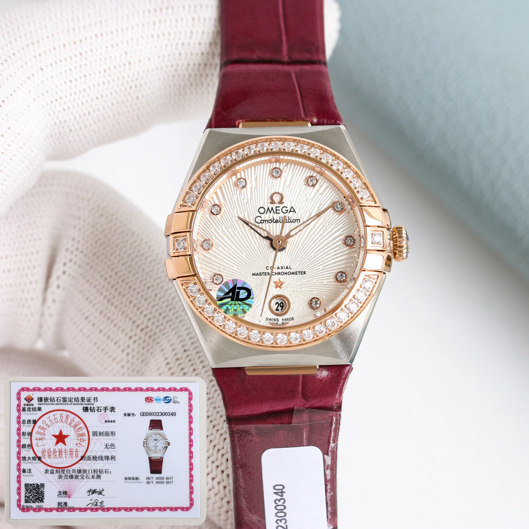 Omega Constellation 29mm Diamond Bezel Diamond Numerals Leather