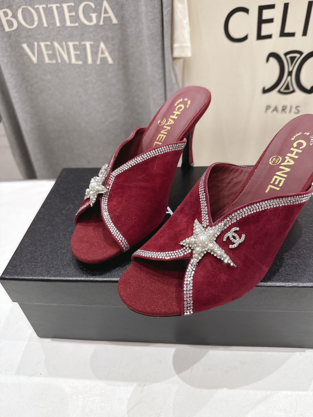 Channel 2026 High-Heeled Mules 90mm Strass Suede 896436