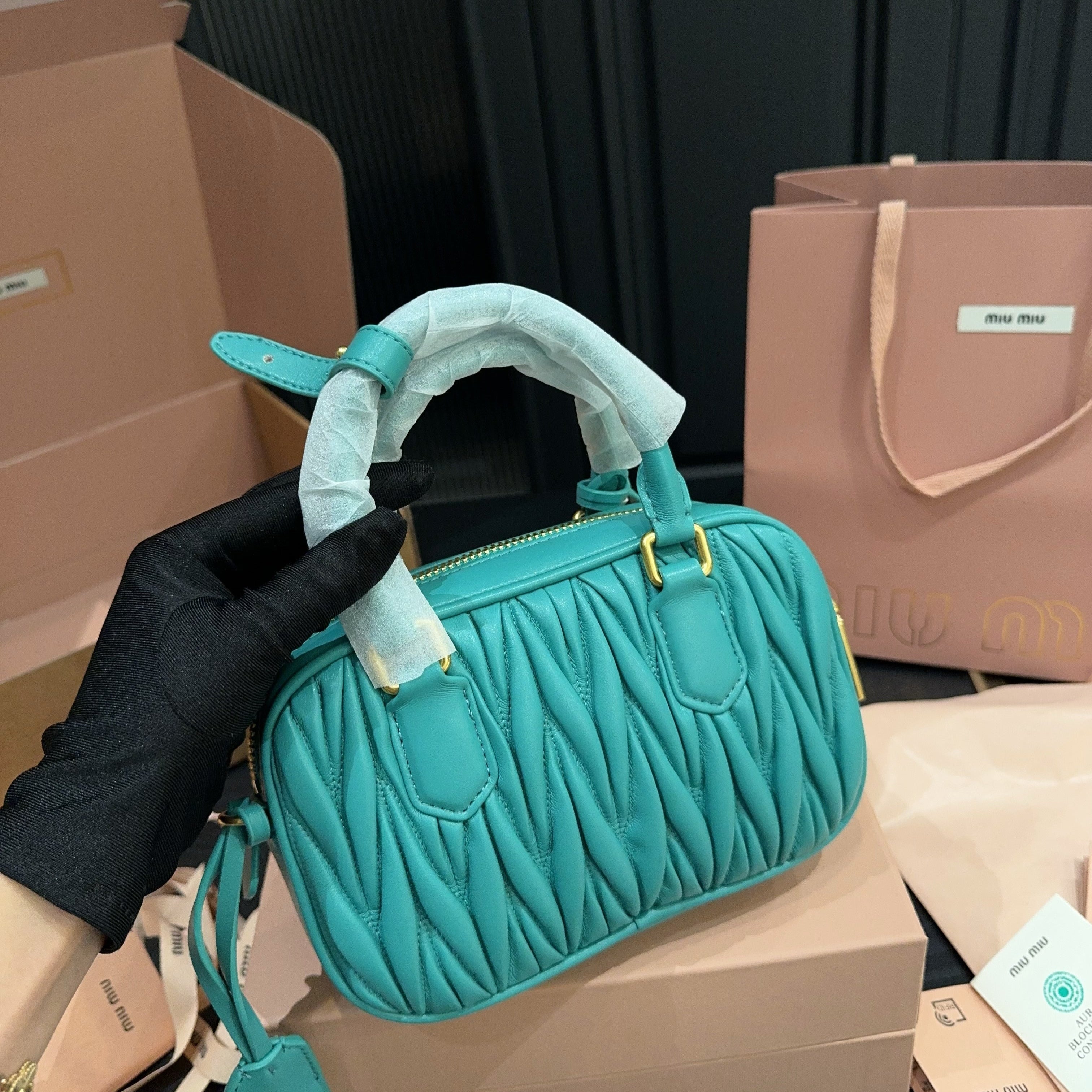 ARCADIE MATELASSÃ‰ BAG 20 IN HIPPIE BLUE LAMBSKIN GOLD HARDWARE
