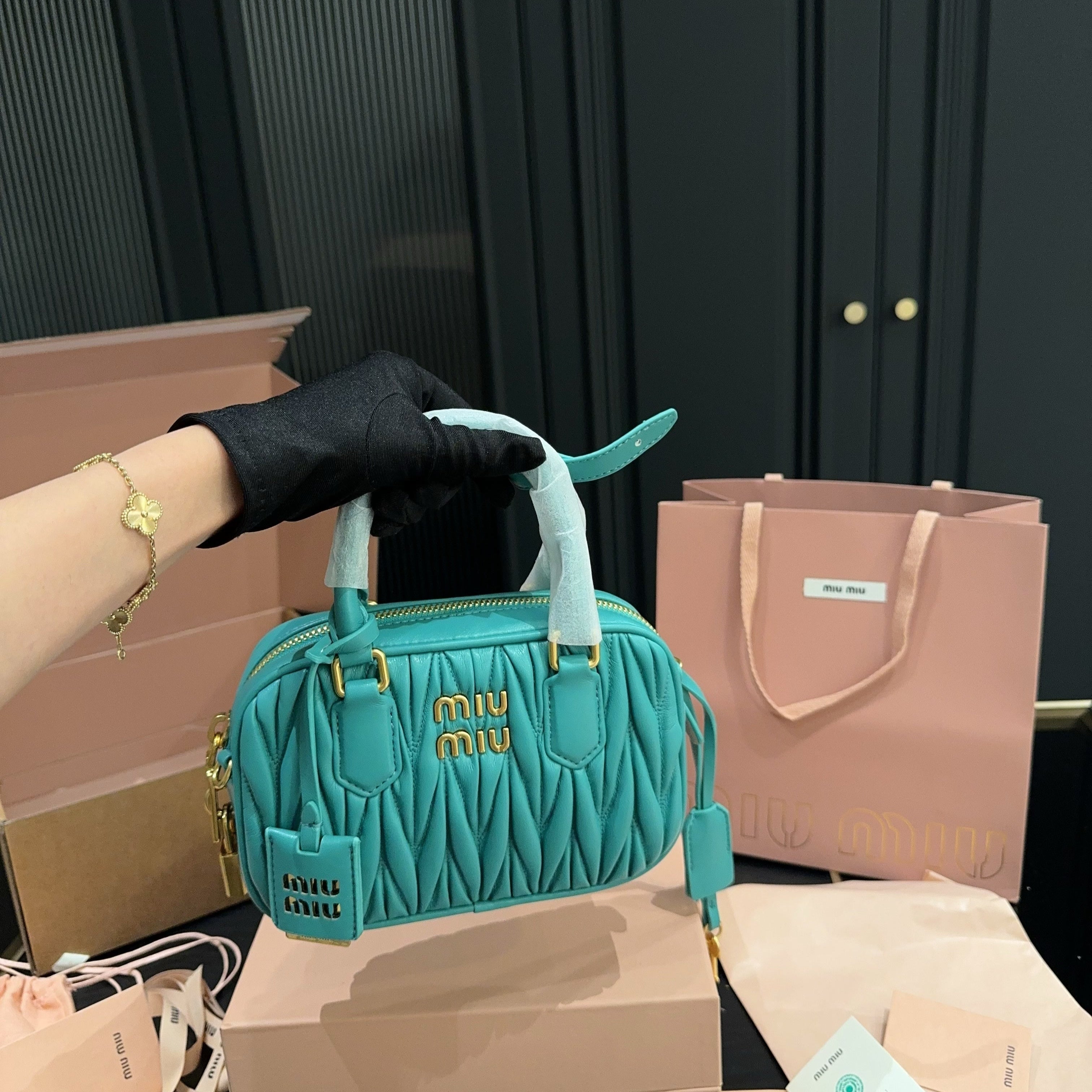 ARCADIE MATELASSÃ‰ BAG 20 IN HIPPIE BLUE LAMBSKIN GOLD HARDWARE