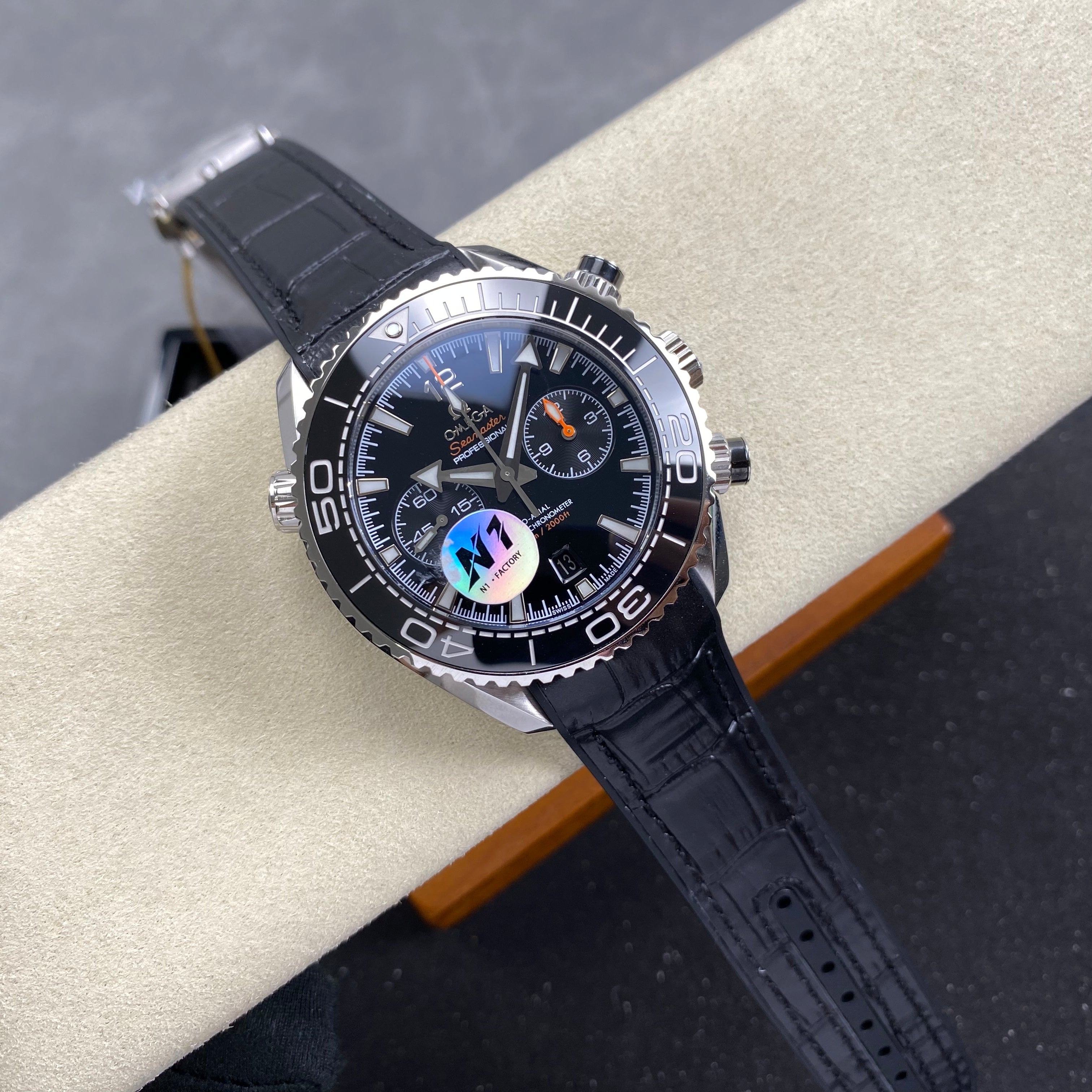 Omega Seamaster 46mm Black Dial Sliver Case Black Leather