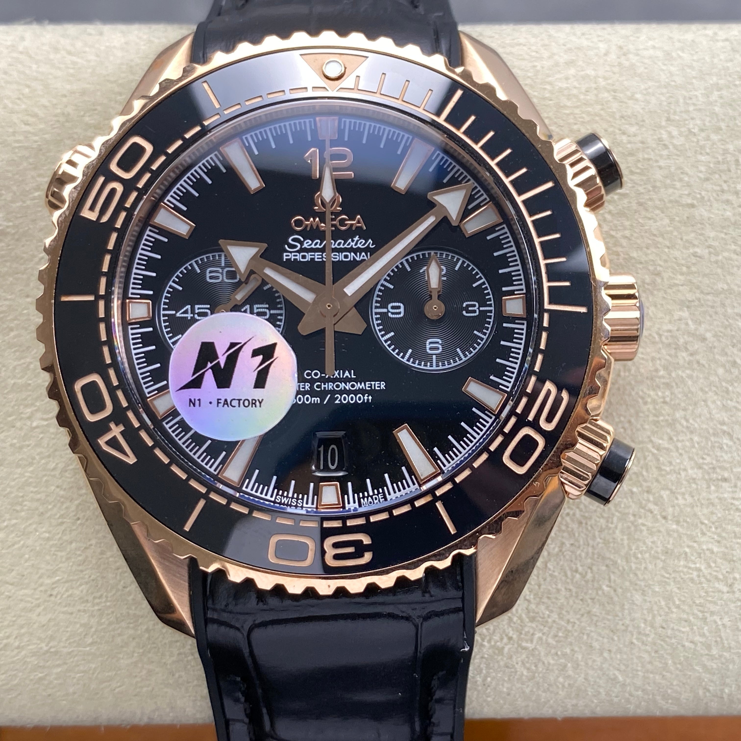 Omega Seamaster 46mm Black Dial Pink Gold Case Leather
