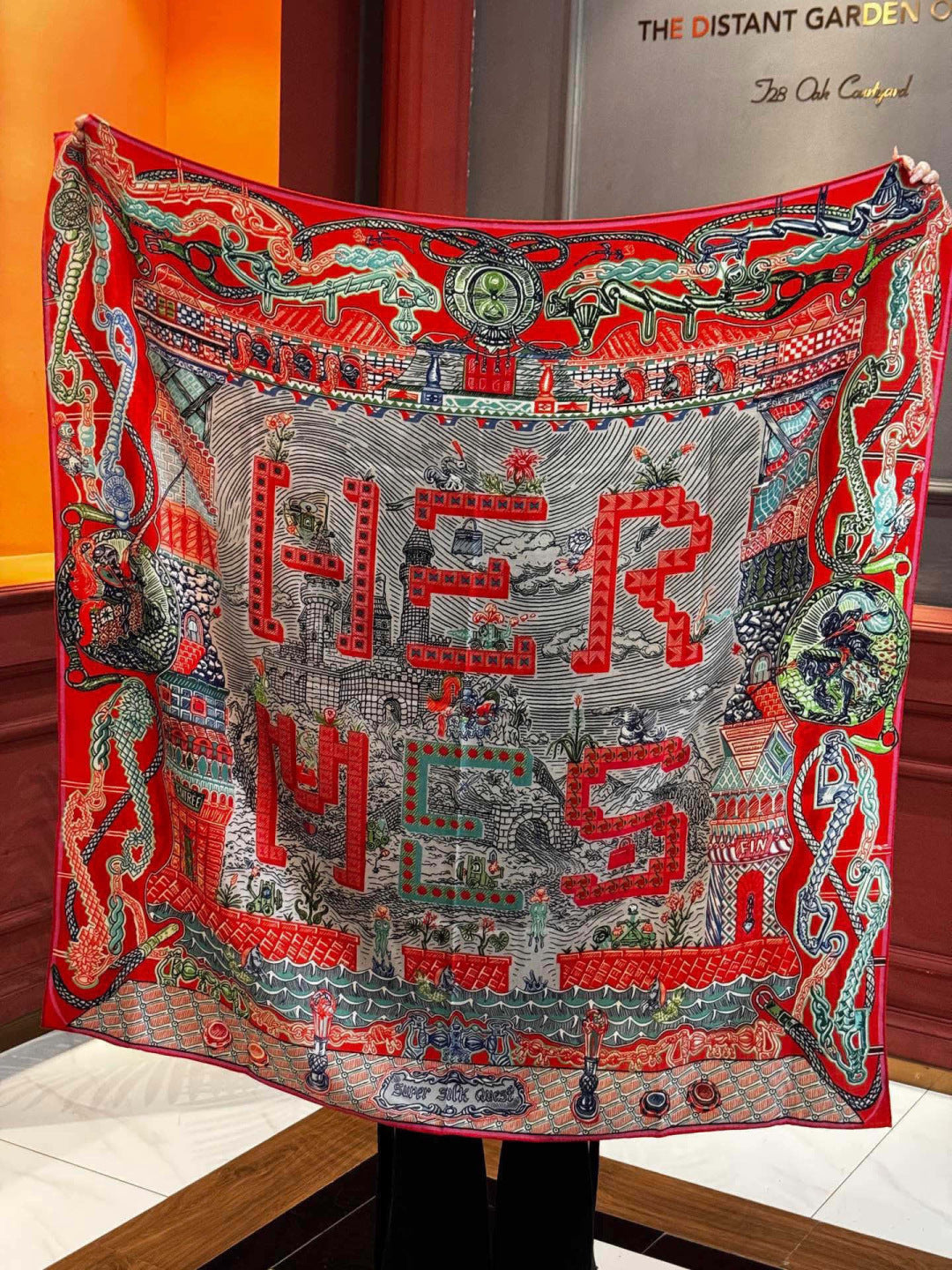 HM 25s Essential Scarf 140cm Red Colorful Cashmere Silk 968742