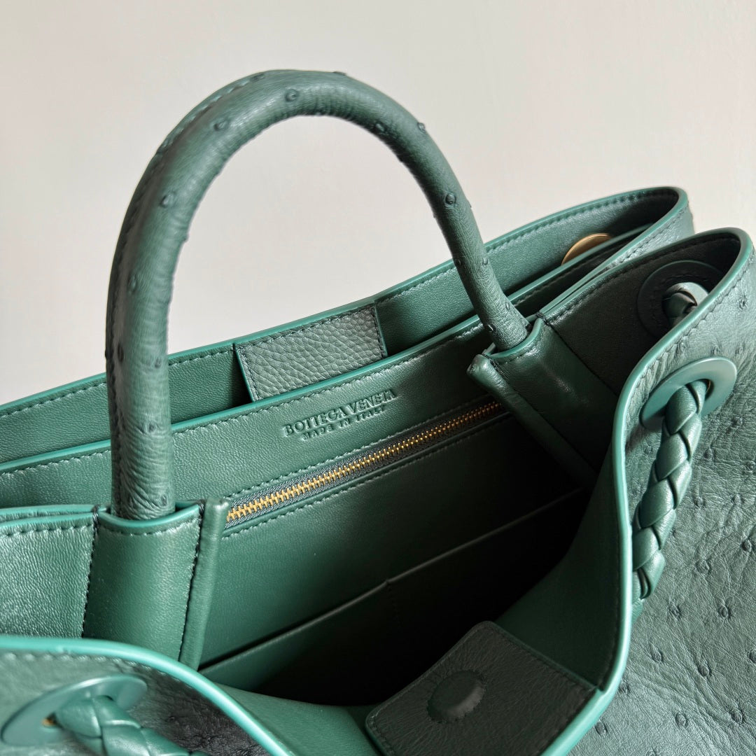 Bottega Veneta 2026 Andiamo Bag Dark Green Ostrich Leather