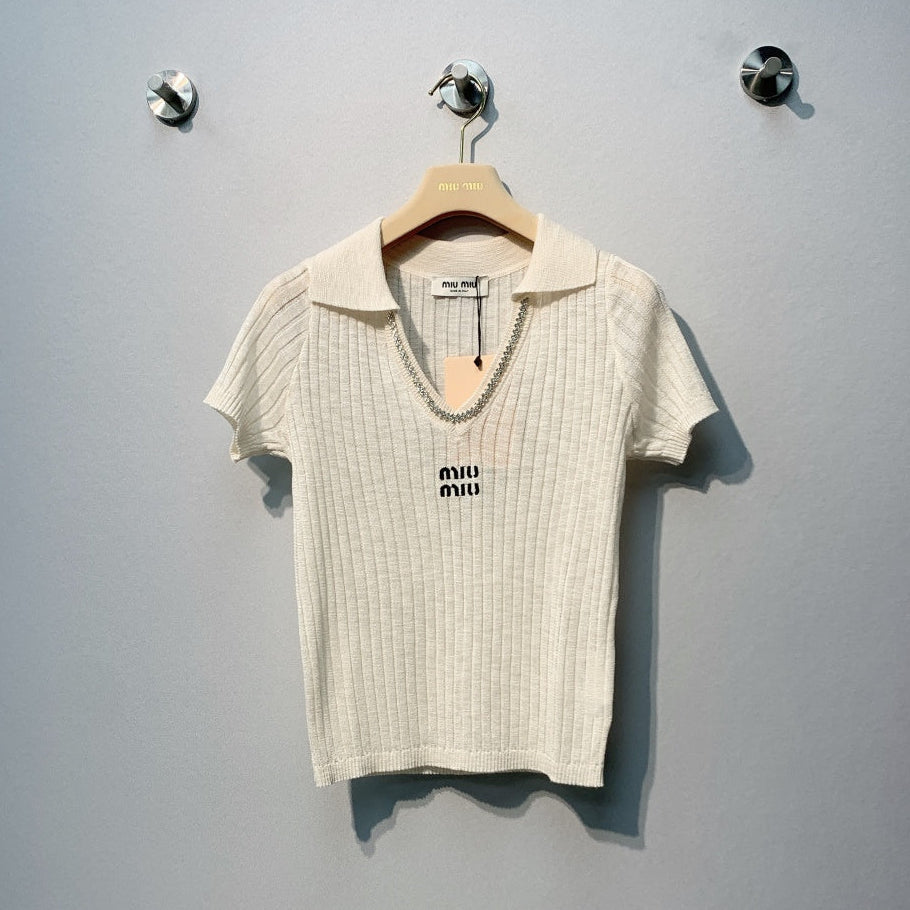 MiuMiu 2026 Knit Polo Shirt Cream Wool 370201