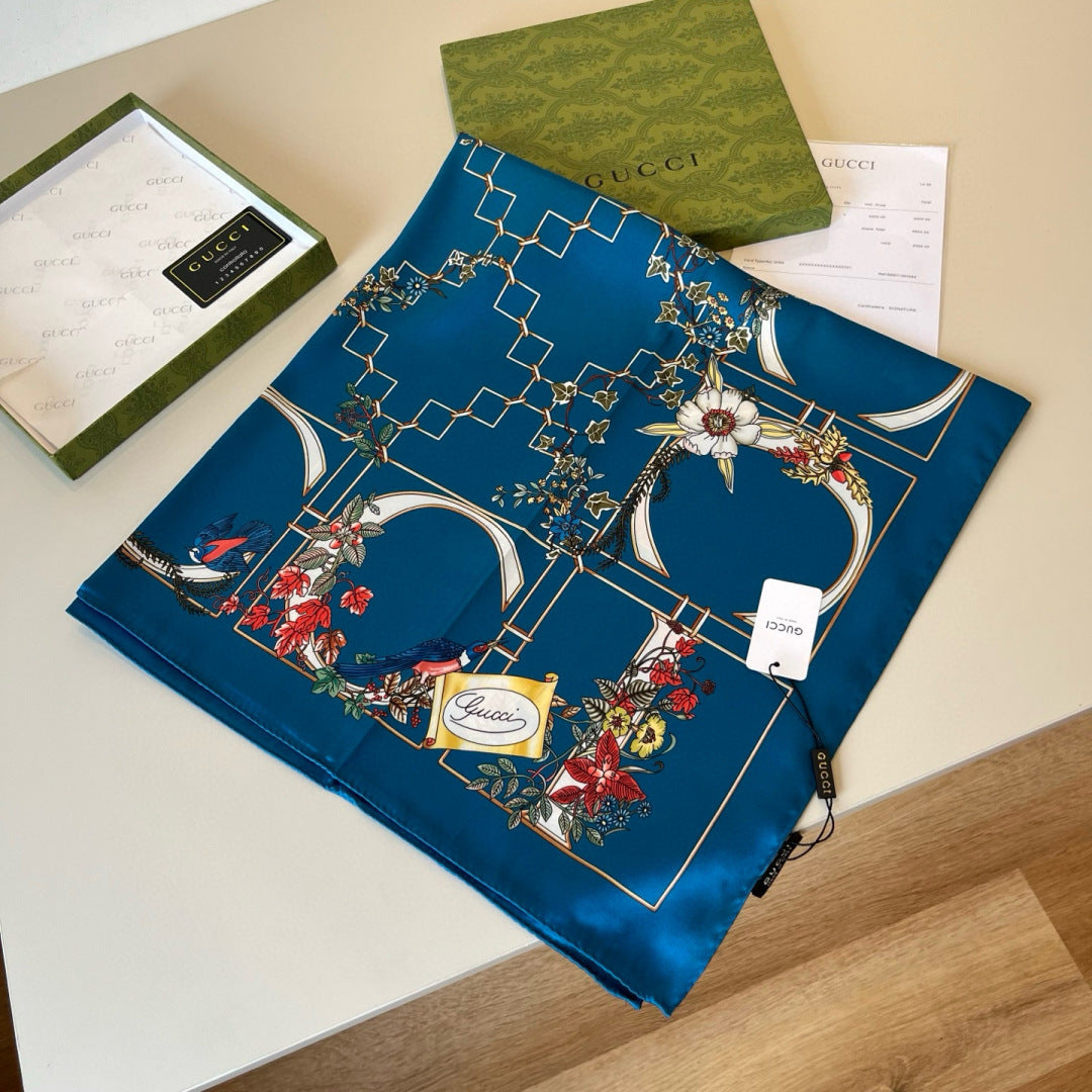 GG Signature Floral Scarf 90CM Blue Muticolor Twill Mulberry Silk 280659