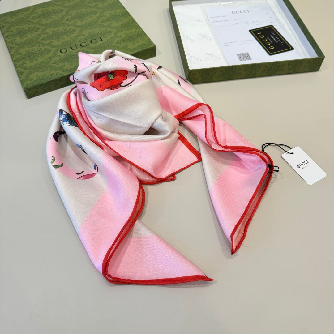 GG Signature Floral Scarf 90CM  White Pink  Twill Silk 280696
