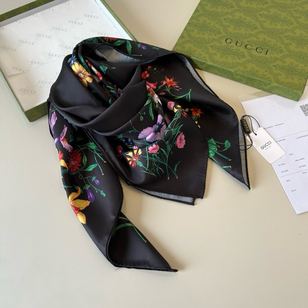 GG Scarf 90CM  Multi-Colored Floral Mulberry Silk 286775