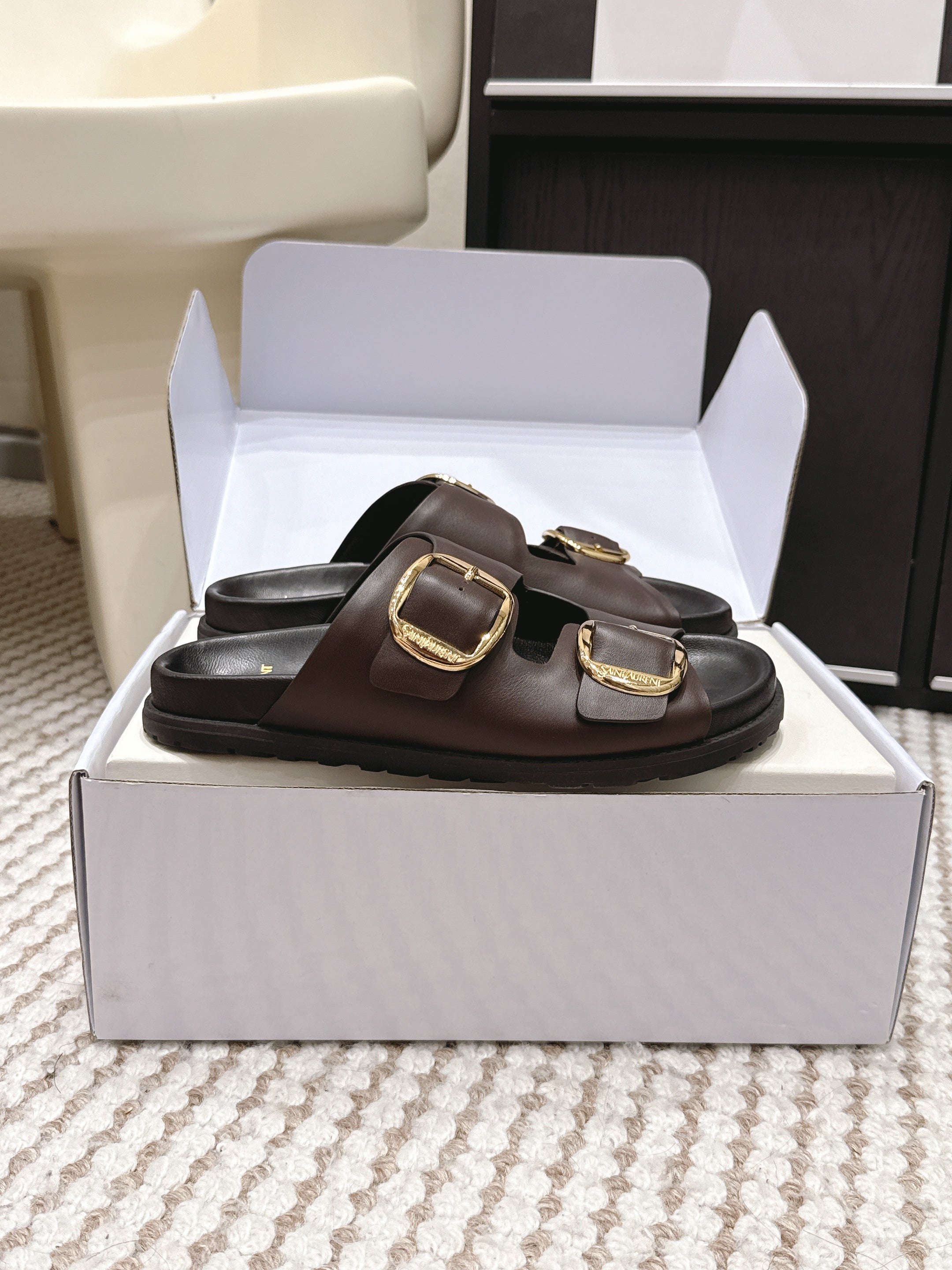 YSL 26ss Platform Slippers Black Dark Brown Sheepskin 663208