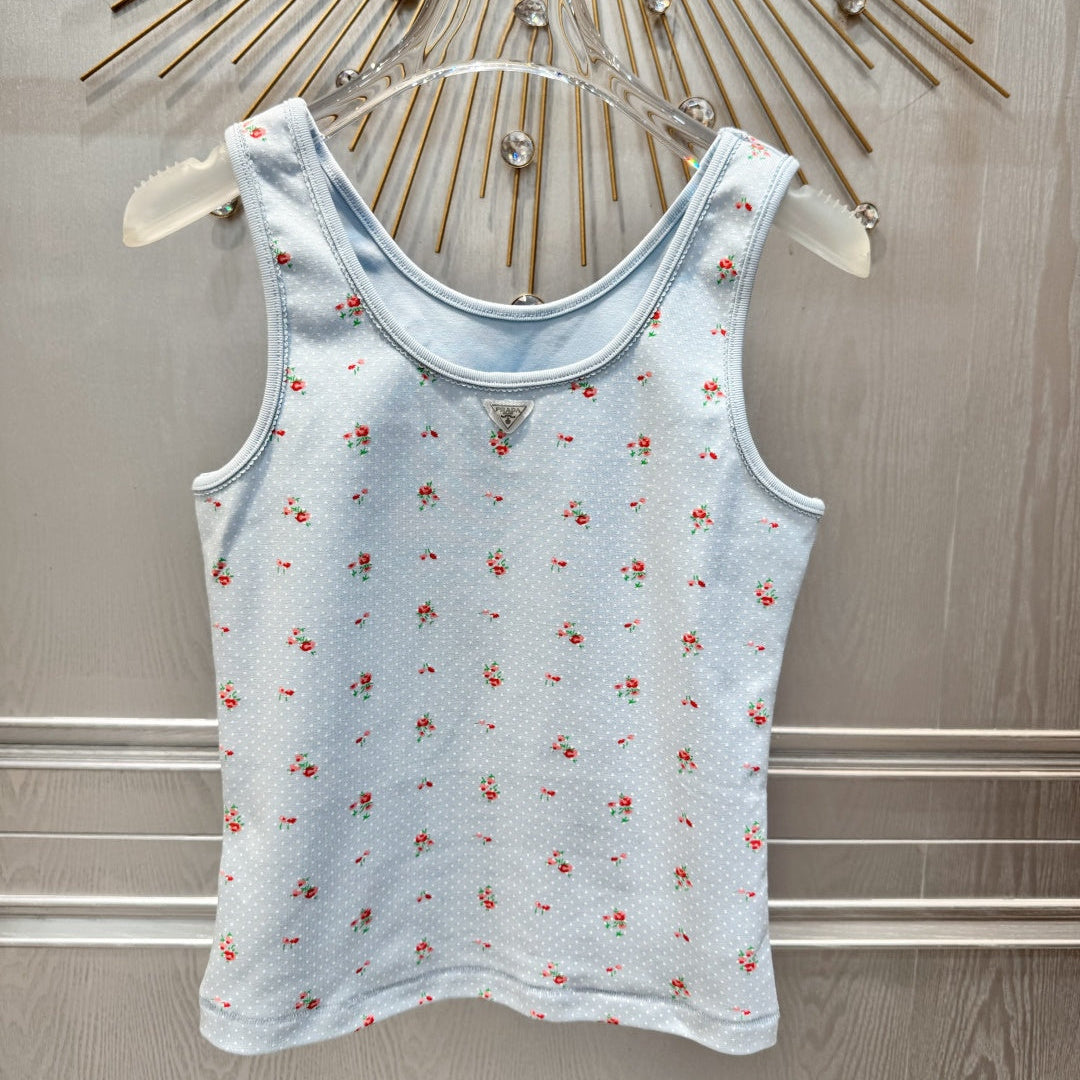 Prada 2026 Floral Print Vest Light Blue Cotton