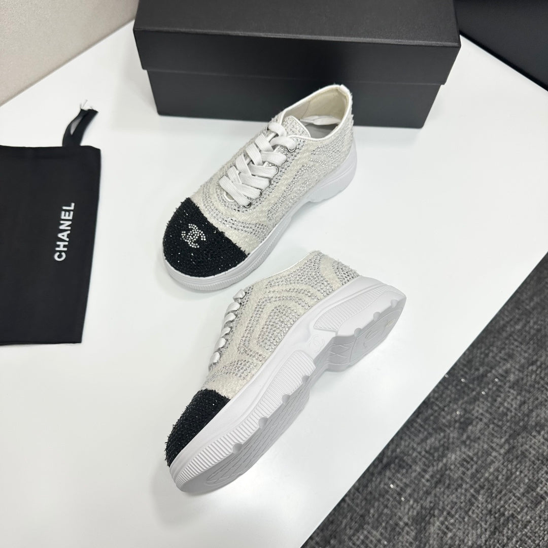CC 26s Casual Sneakers Rhinestones Ivory Black Mesh Sheepskin 626361