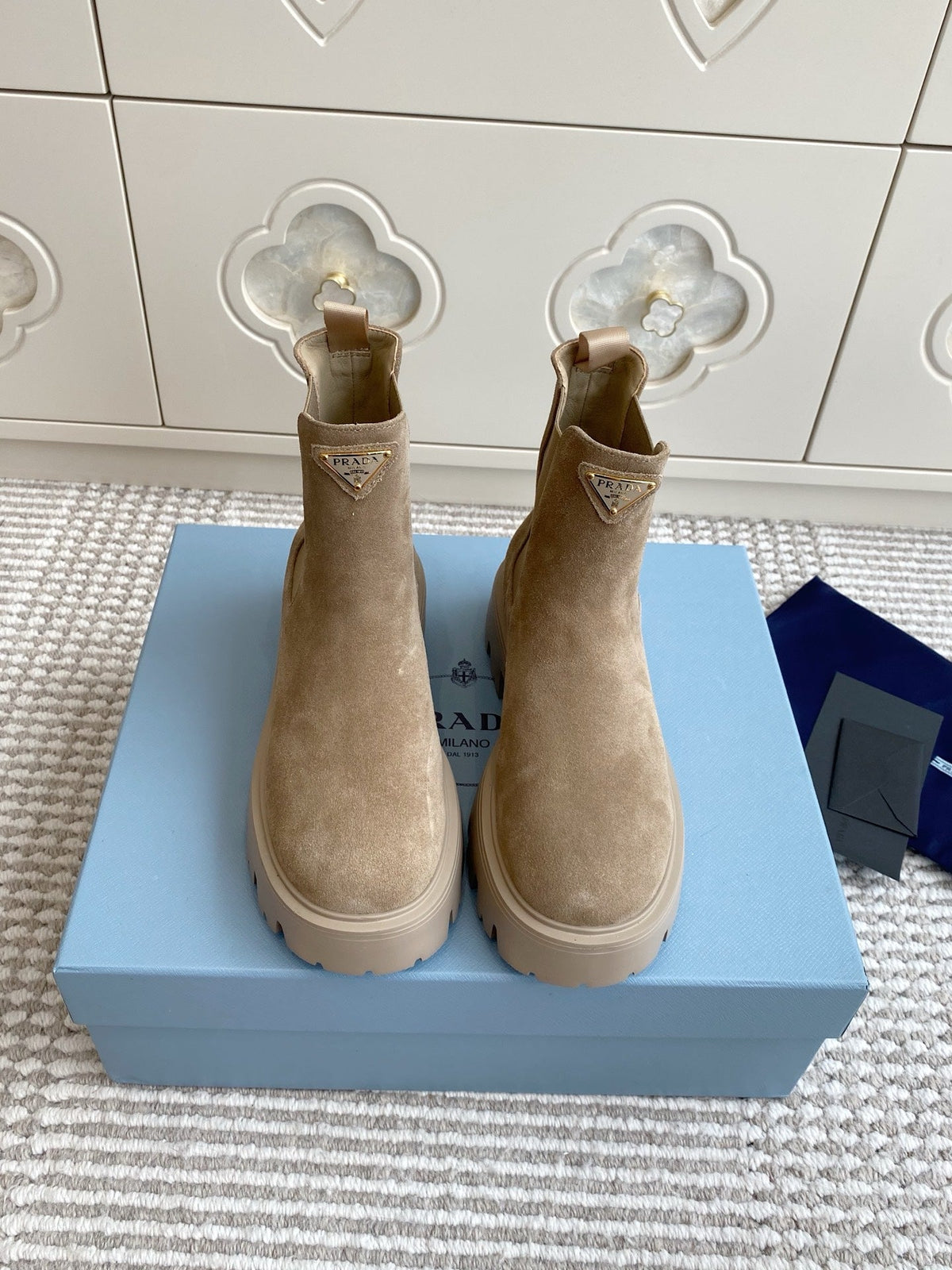 Prada 25 Chelsea Boot Beige Suede Cowhide 501437