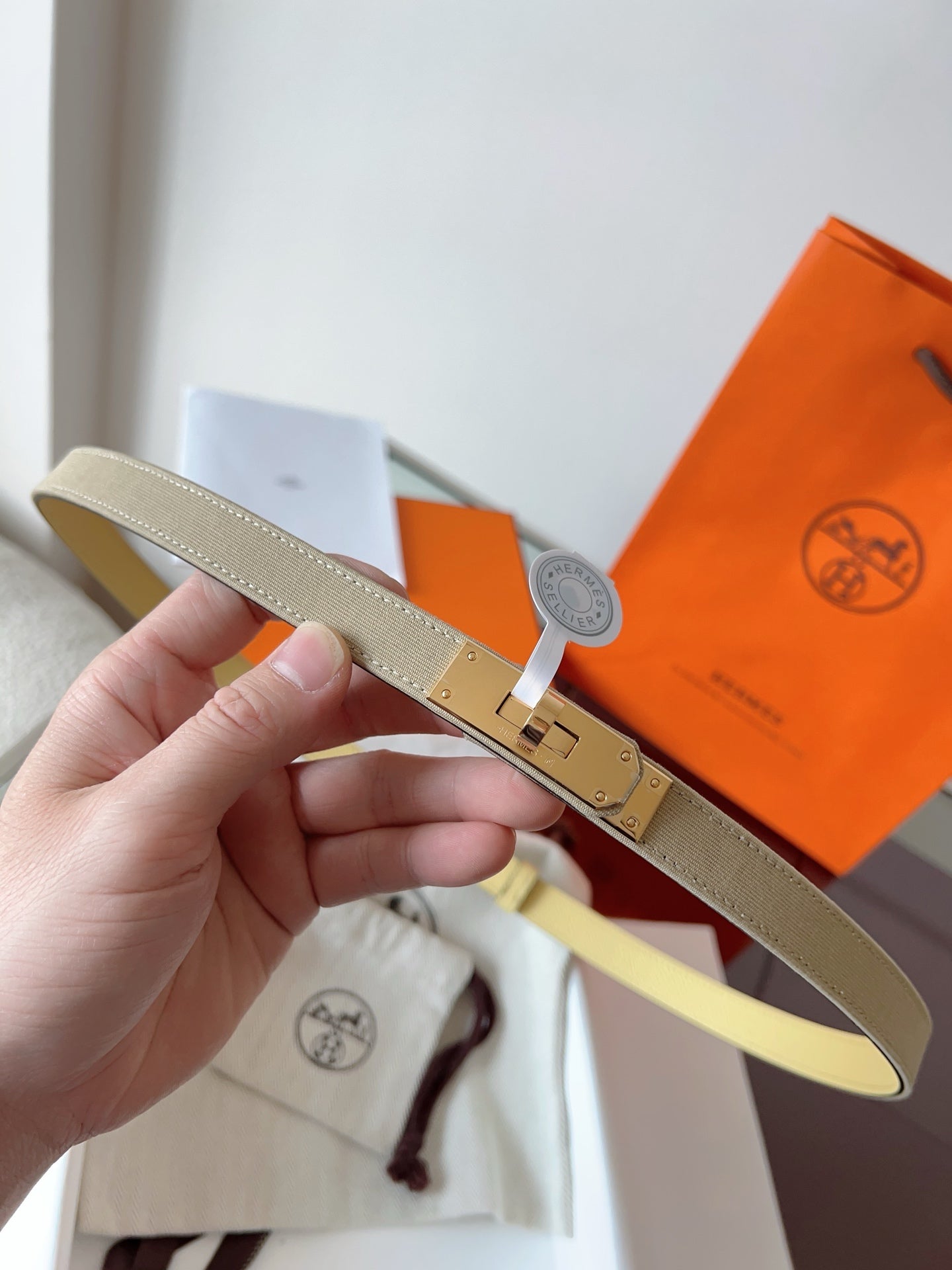 HM Kelly Belt 18mm Beige Canvas Epsom Leather Pink Gold Buckle