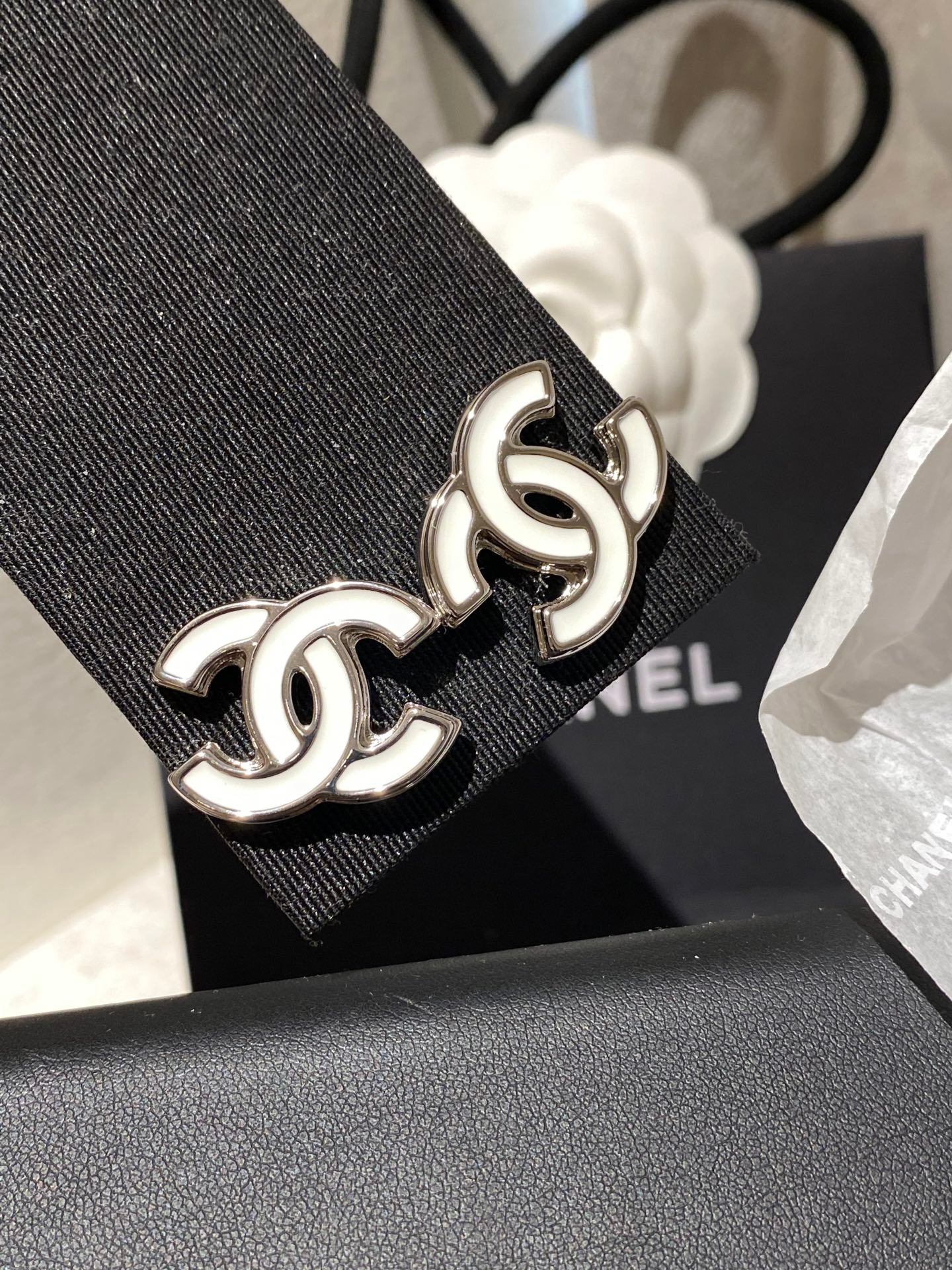 CC Classic White Sliver Enamel Double C Earrings
