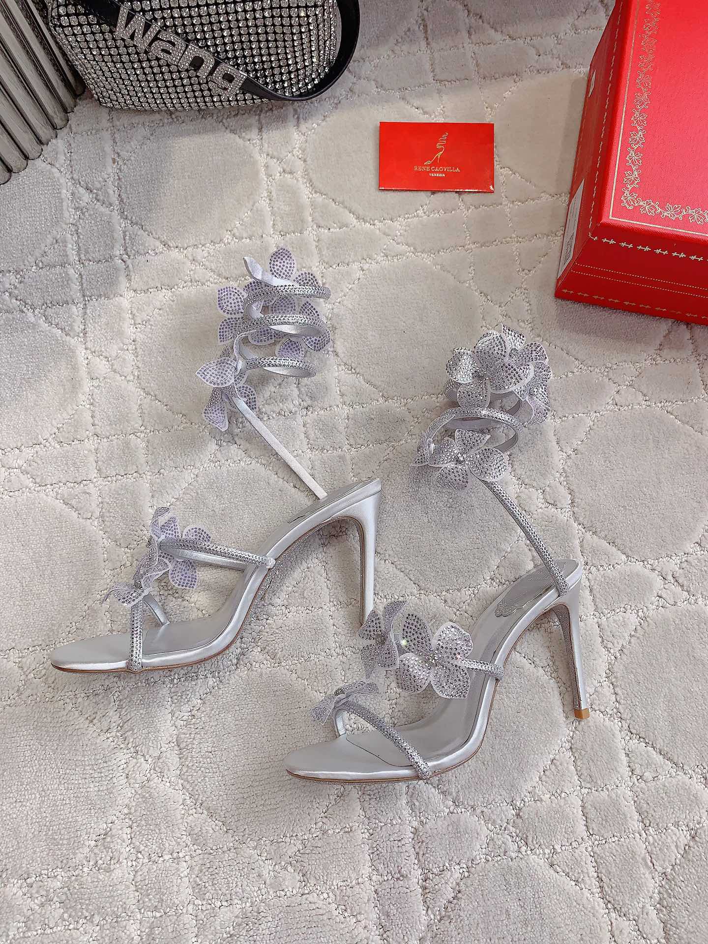 RC 2025 Margot High Heeled Sandal With Floral Embellishment Silver Leather 898021