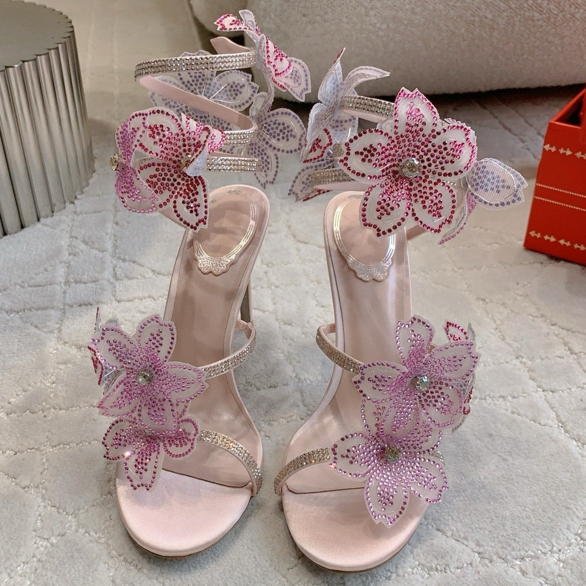 RC Flower Sandals Pink Sheepskin Rhinestones 328465