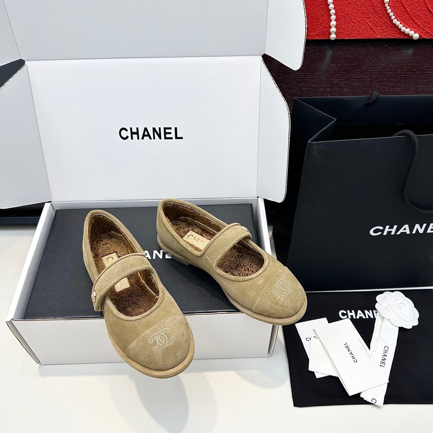 Chanel 25 Mary Jane Ballet Flat Solf Beige Wool Fur 413025