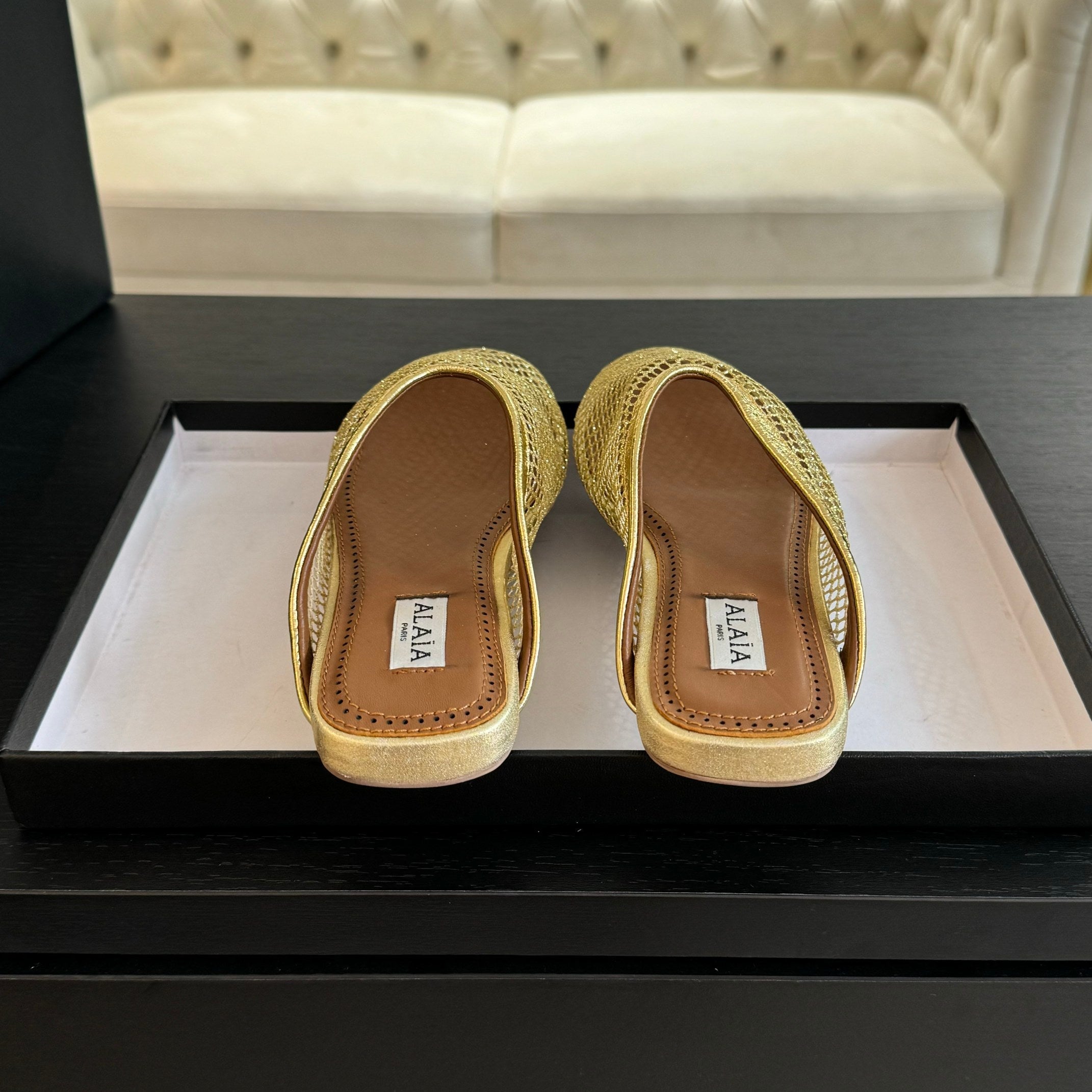 flat mule fishnet gold metalic lambskin
