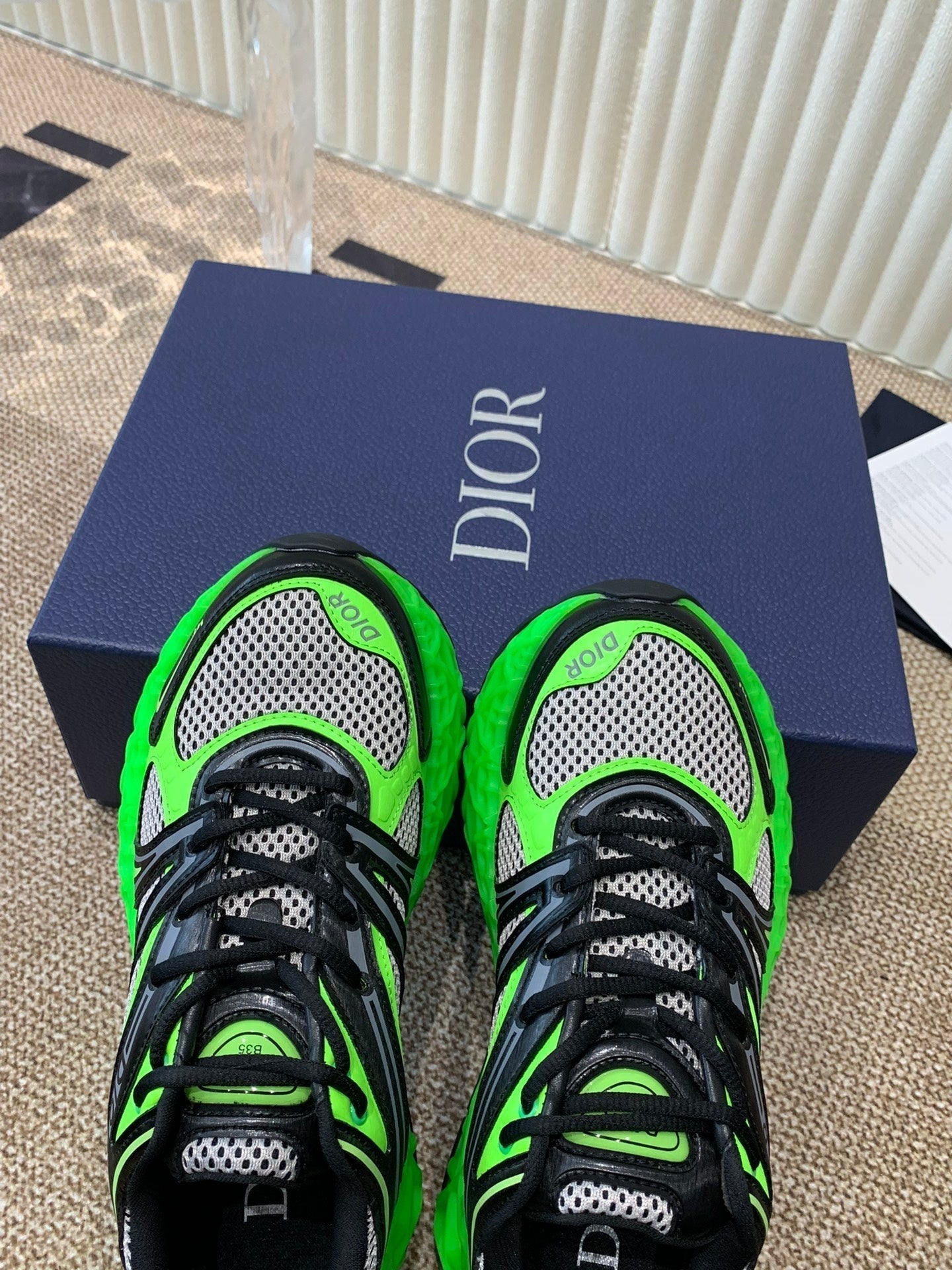 CD Sneaker B35 In Green Mix White Black Calfskin And Fabric  113119