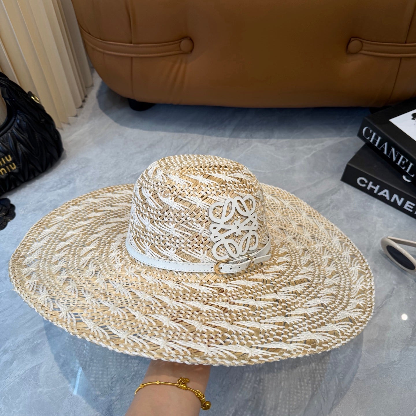 Loewe Straw Hat with Logo Raffia Woven 323669