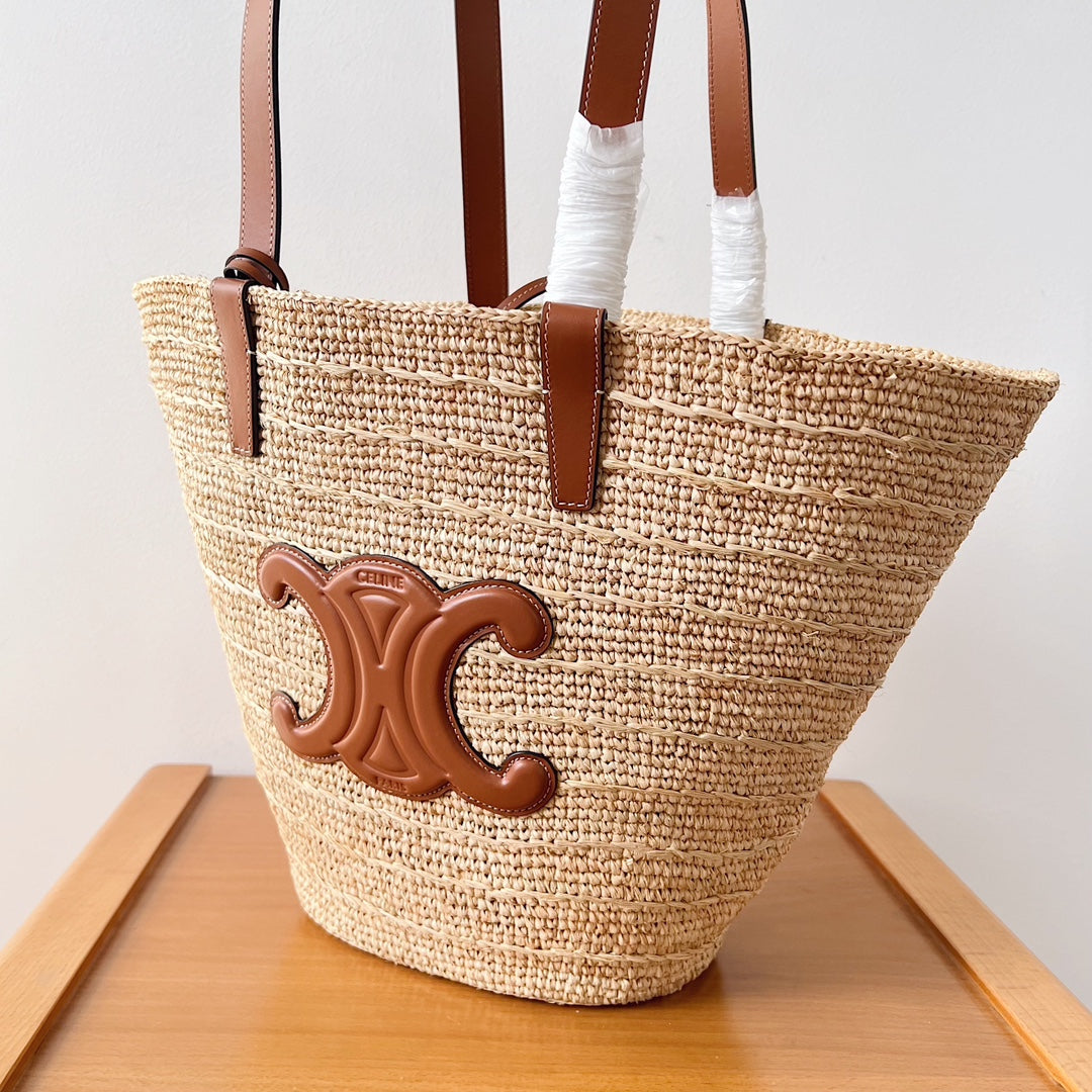 Celine Medium Supple Classic Panier 30cm Brown Calfskin Beige Raffia