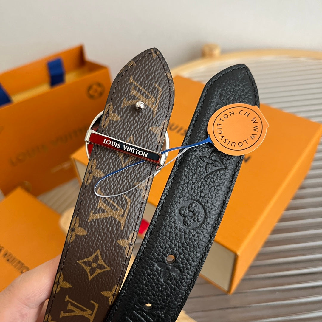 LV Flowergram Round 30mm Reversible Belt Black Brown Empreinte Calfskin