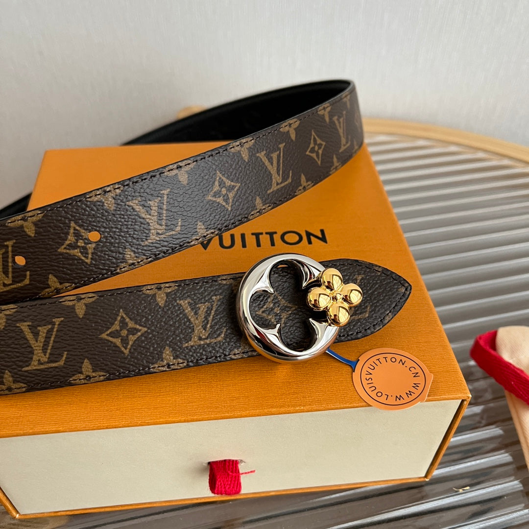 LV Flowergram Round 30mm Reversible Belt Black Brown Empreinte Calfskin