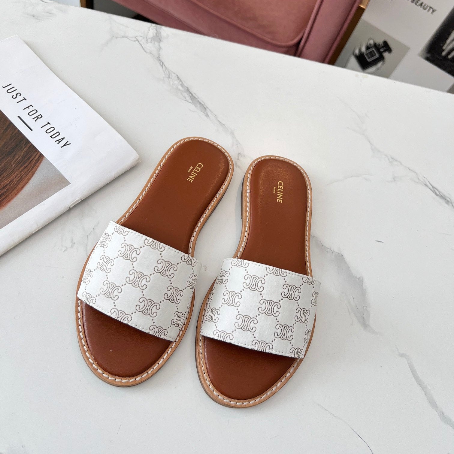 Celine 25C Slippers White Monagram Silk with Calfskin 238145
