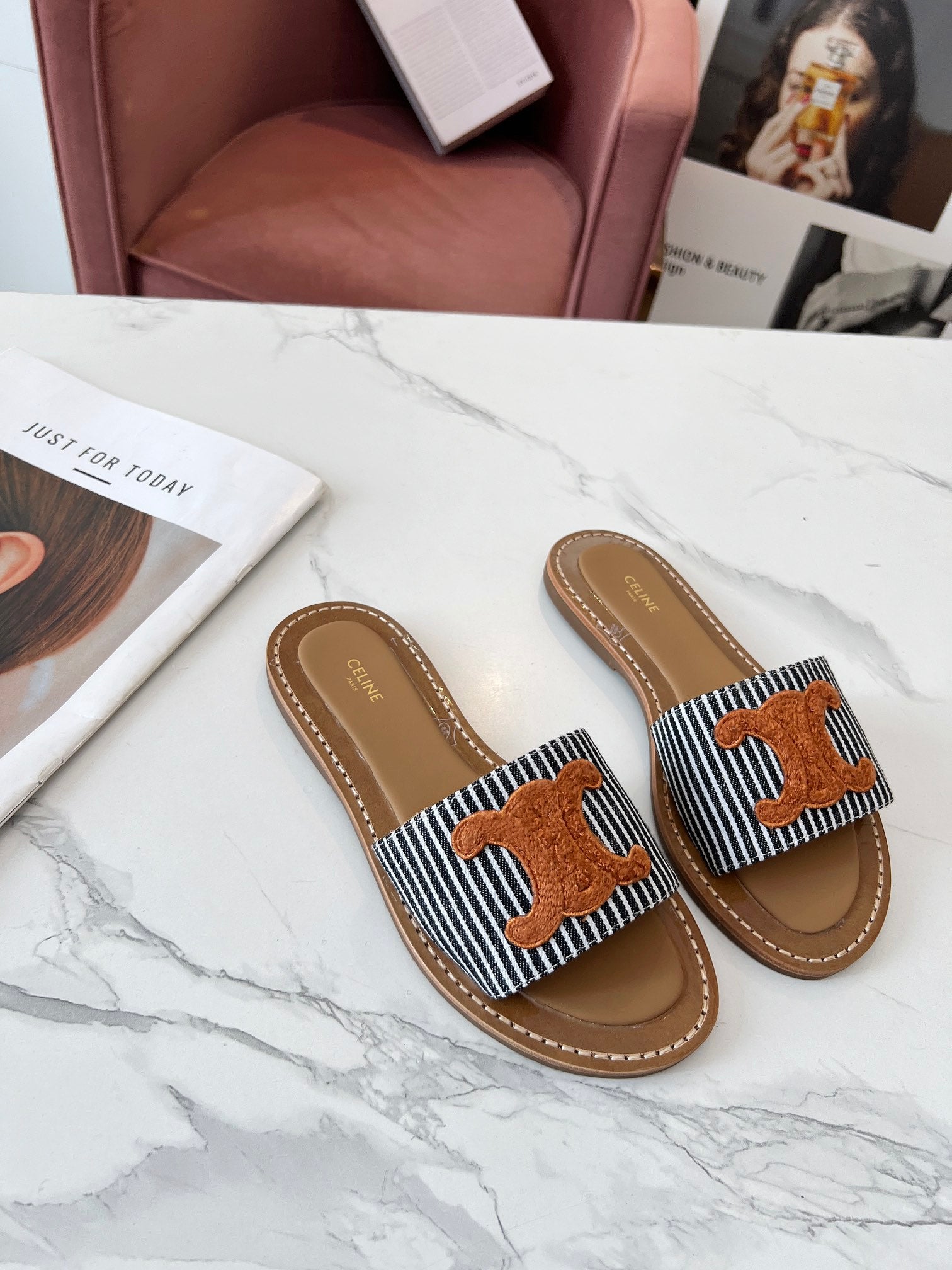Celine 25C Slippers Black mix Orange Fabric with Calfskin 238170