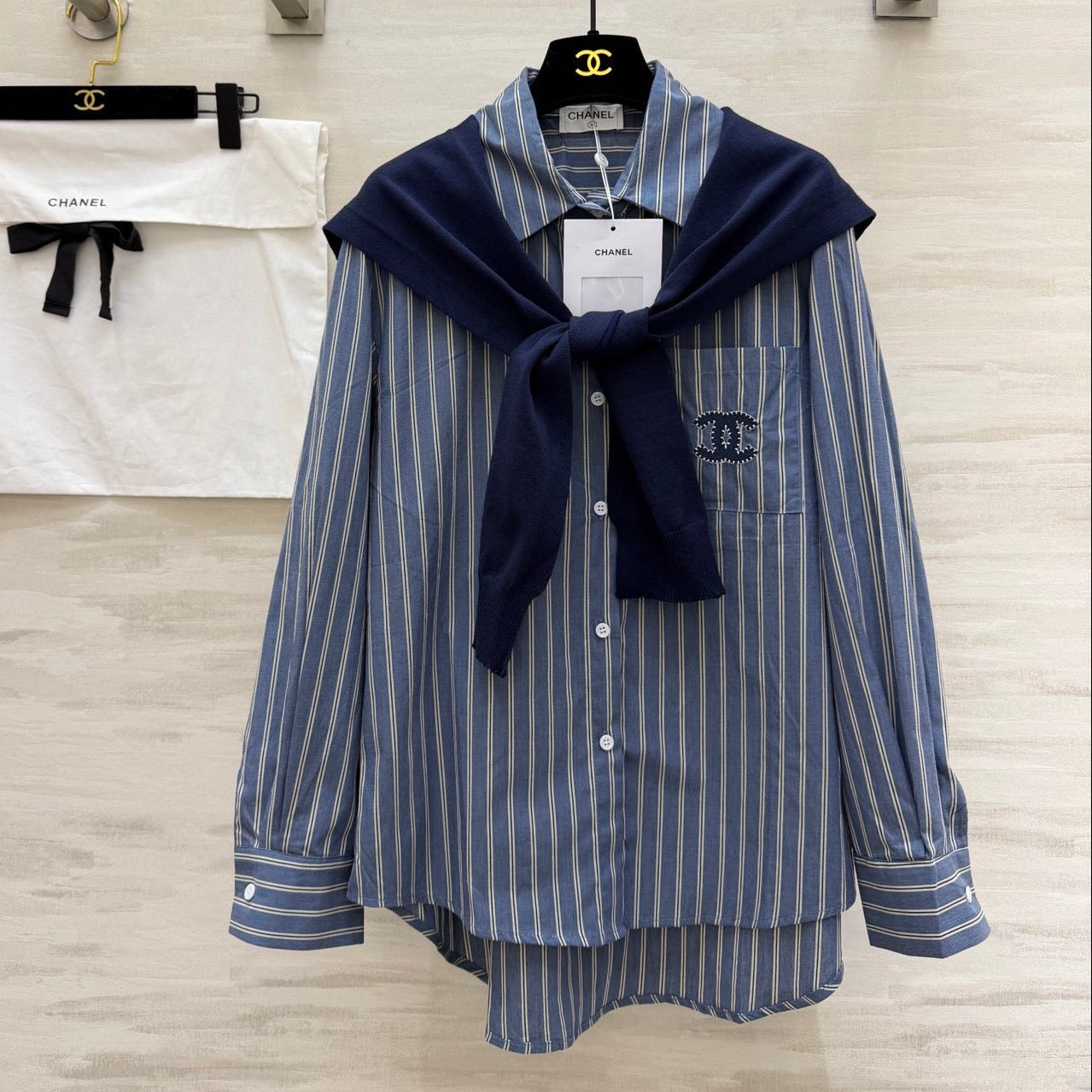 Chanel 2026 Sriped Shirt and Knitted Shawl Blue Cotton 352264